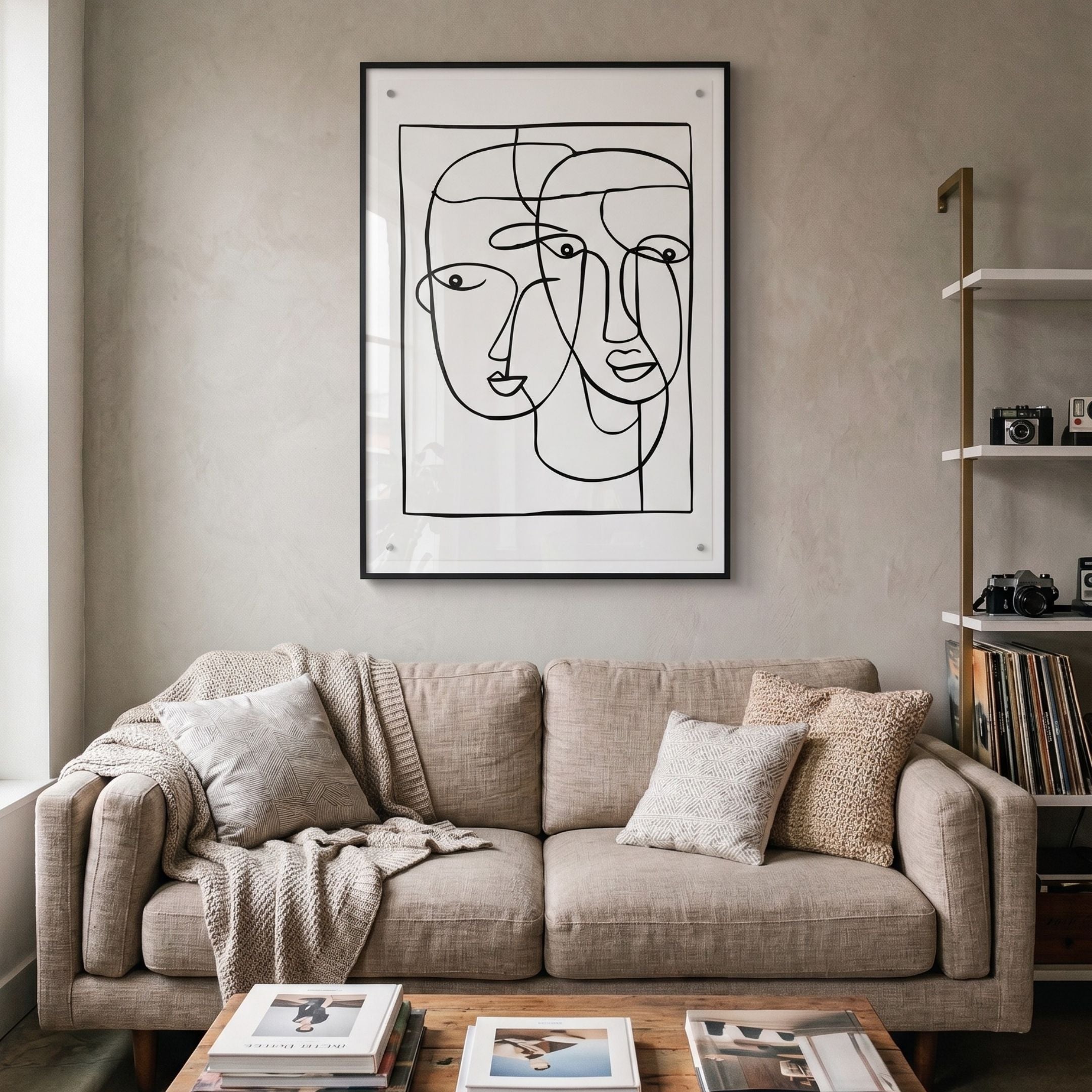 Linea Twin Faces Minimal Acrylic UV 3D Wall Art by Giant Sculptures hung above a beige linen sofa with knit throw and cushions in a neutral living room.