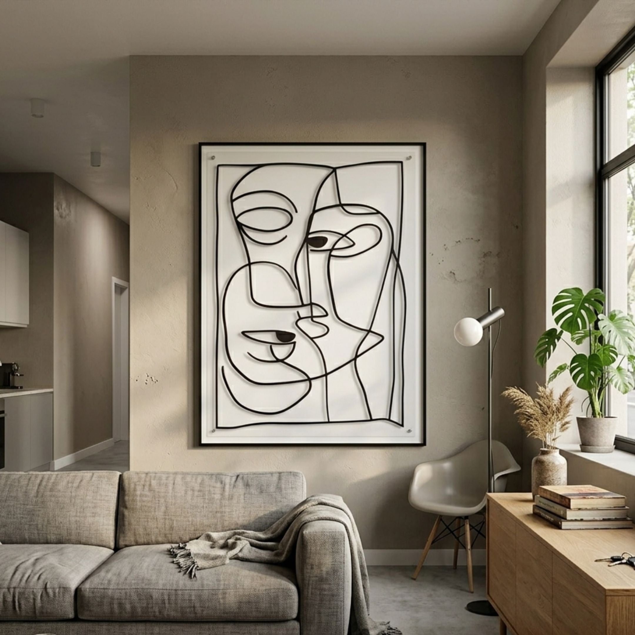 Linea Duo Faces Minimal Acrylic UV 3D Wall Art by Giant Sculptures with black line faces on white panel, displayed above a grey sofa in a modern living room.
