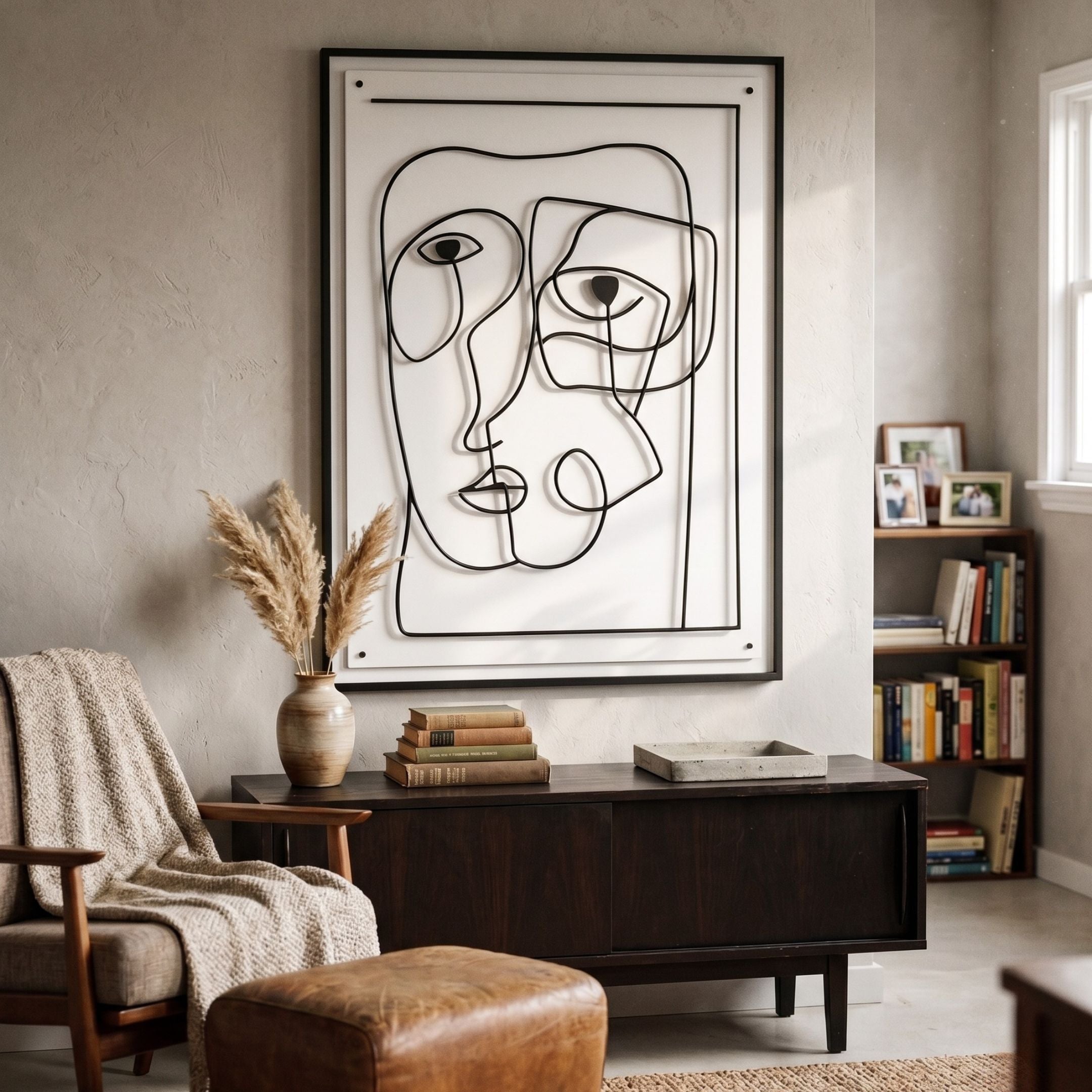 Linea Faces Minimal Acrylic UV 3D Wall Art by Giant Sculptures with black continuous-line abstract faces on white, displayed above a dark sideboard beside a bookshelf.