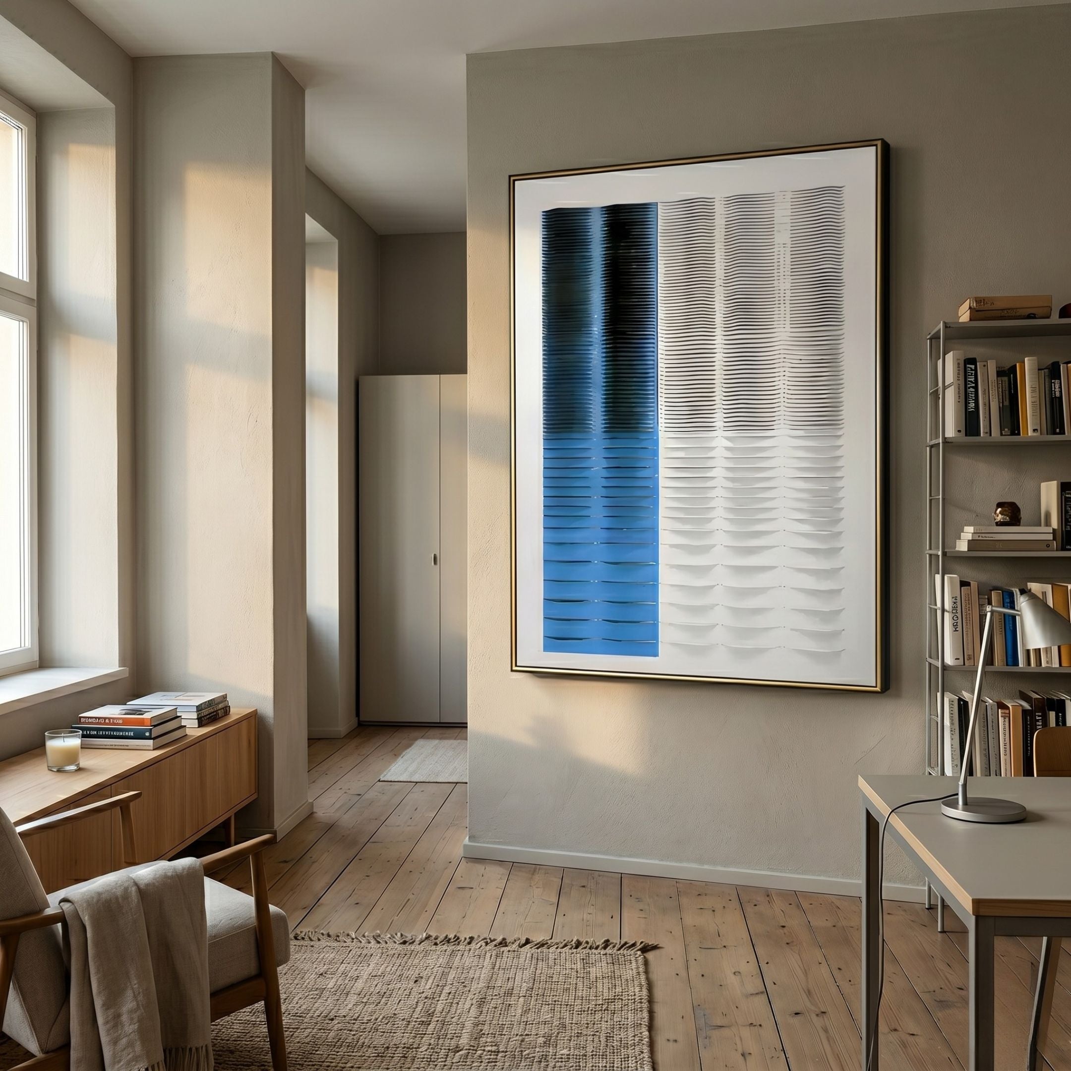 Gradient Cobalt Blue & White Stripe Fold Acrylic 3D Wall Art by Giant Sculptures in a brushed gold frame, hanging in a sunlit study with bookshelf and desk.