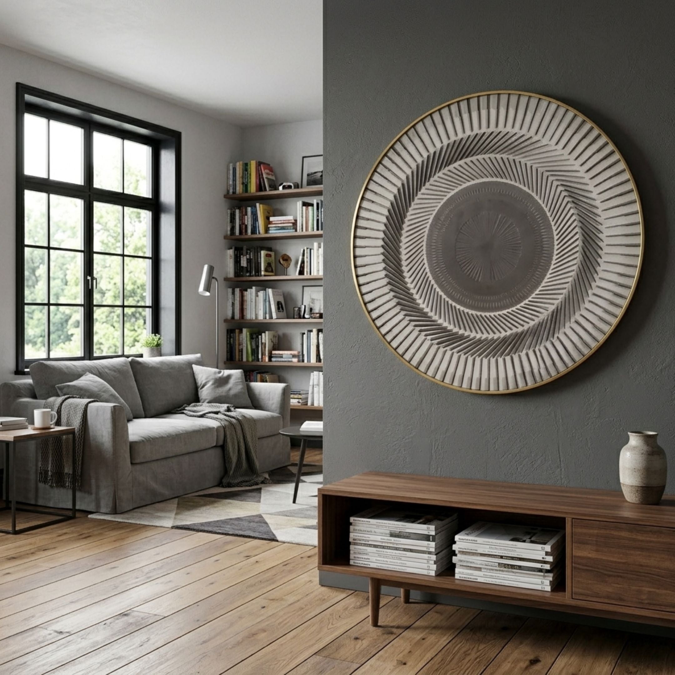 Helix Taupe Spiral Illusion Acrylic 3D Wall Art by Giant Sculptures mounted on a grey wall above a walnut console in a modern living room with bookshelves.