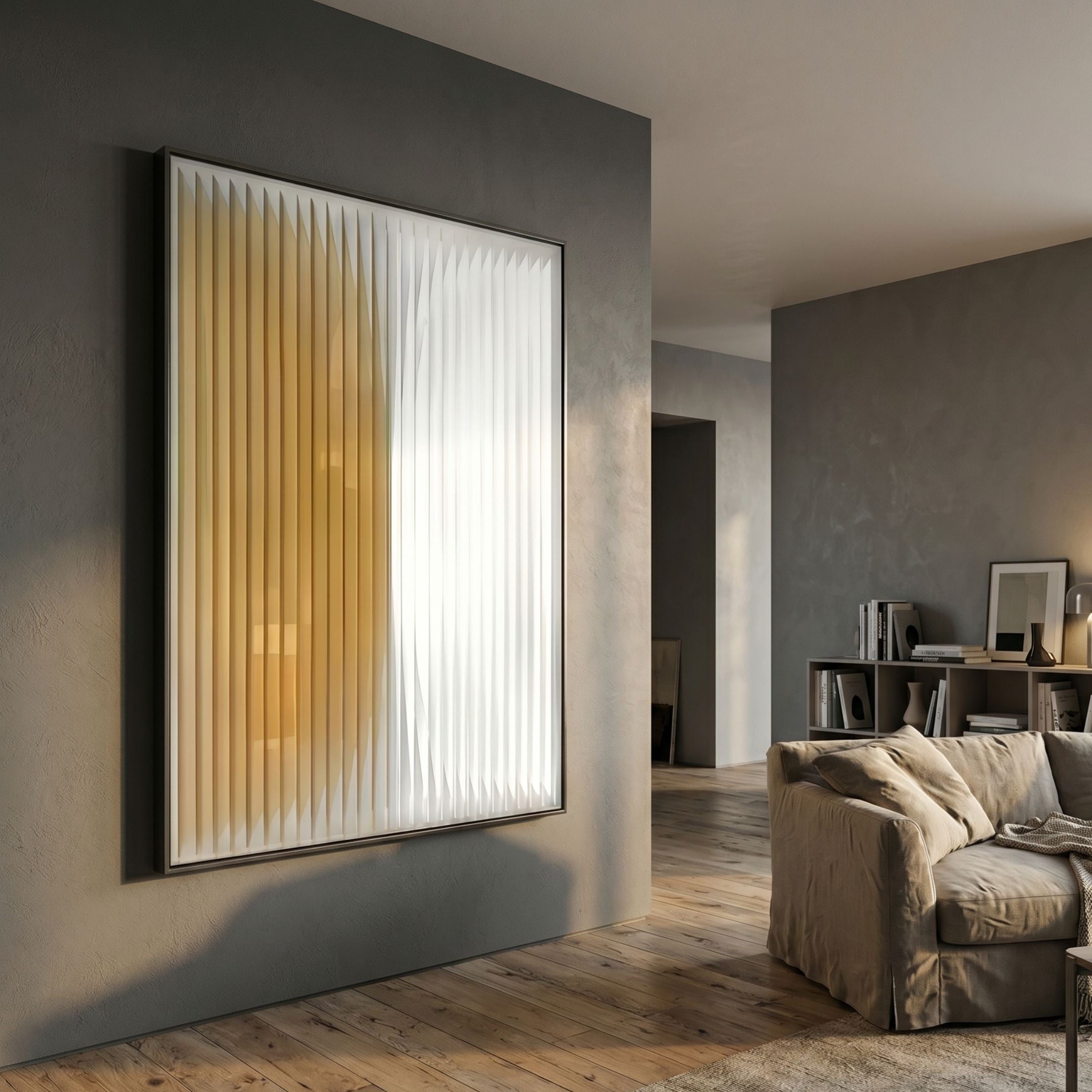 Verta Amber Gradient Acrylic 3D Wall Art by Giant Sculptures mounted on a grey wall in a modern living room with a beige sofa and bookshelf.