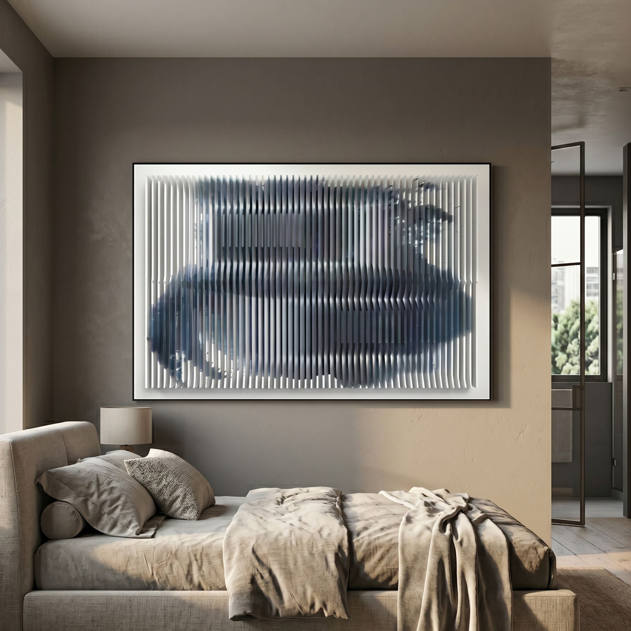 Nebula I Midnight Swirl Acrylic 3D Wall Art by Giant Sculptures displayed above a linen-dressed bed in a modern bedroom with warm grey walls.