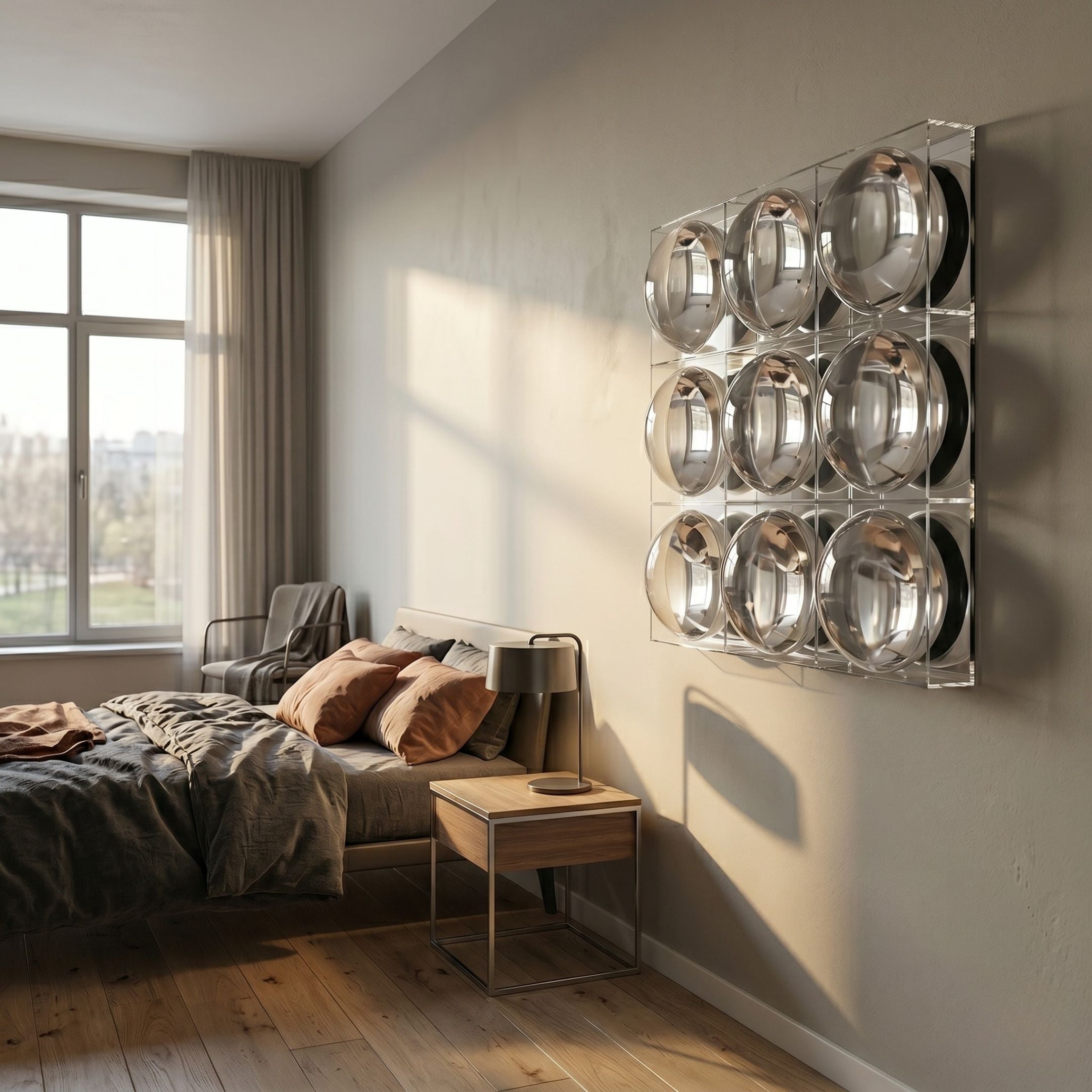 Haloid I Bubble Grid Acrylic 3D Wall Art by Giant Sculptures, nine clear domes in a 3x3 grid, mounted in a modern bedroom above a wooden nightstand.
