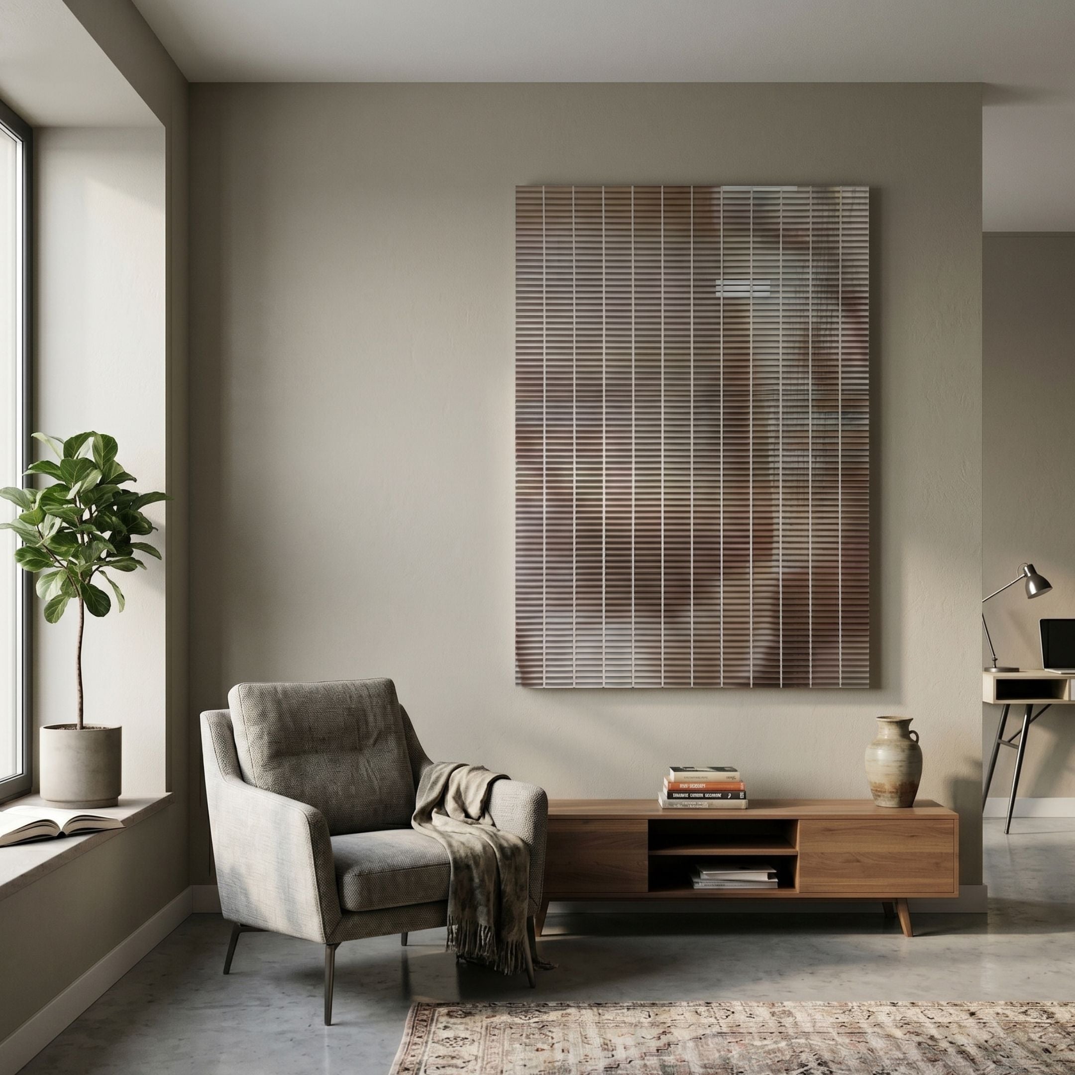 Lattice Mocha Fade Acrylic 3D Wall Art by Giant Sculptures mounted above a walnut media console in a neutral living room with a grey armchair and fiddle leaf plant.