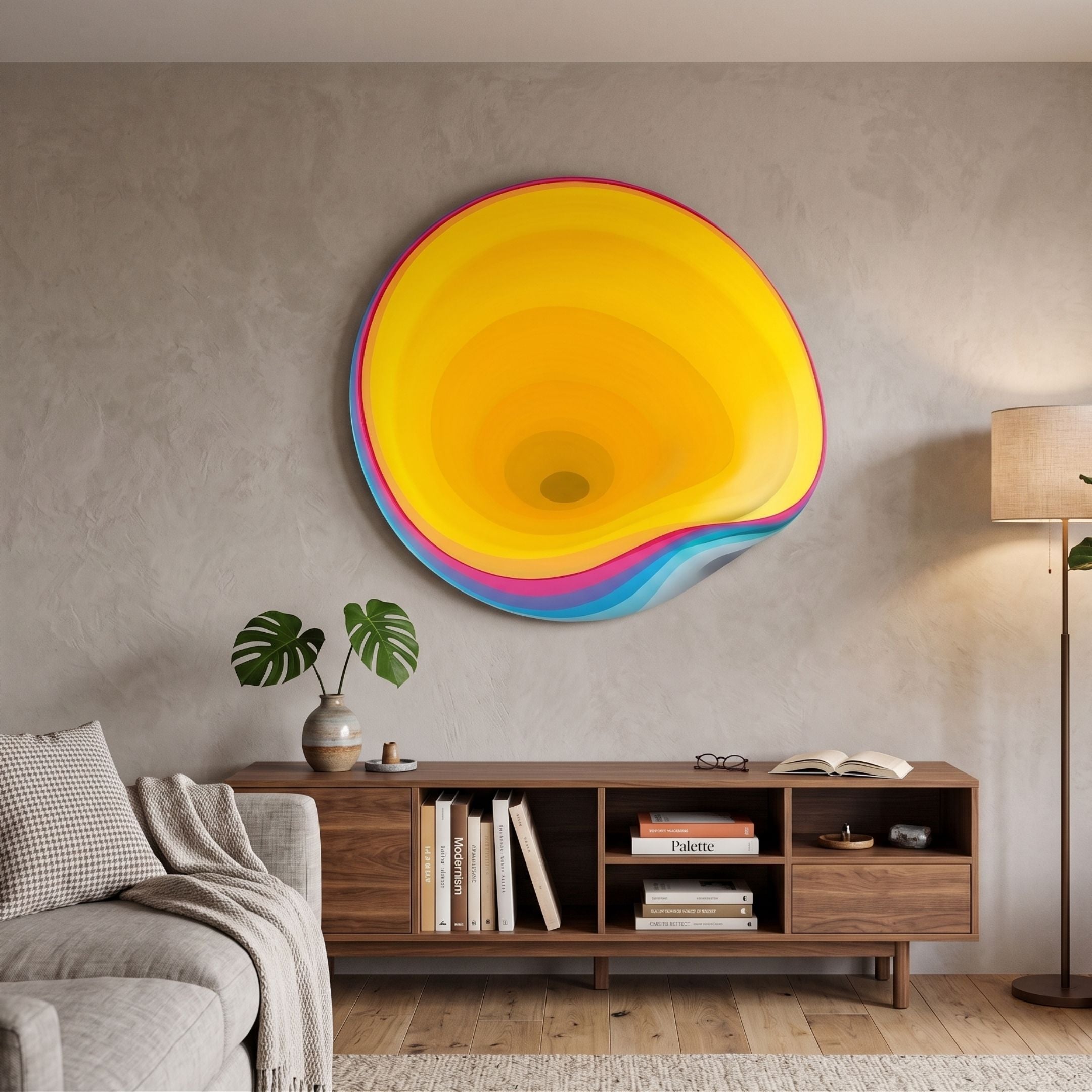 Rippletone Sunset Dive Gradient Acrylic UV 3D Wall Art by Giant Sculptures, with yellow, pink and blue rippled rings, mounted above a walnut sideboard in a living room.