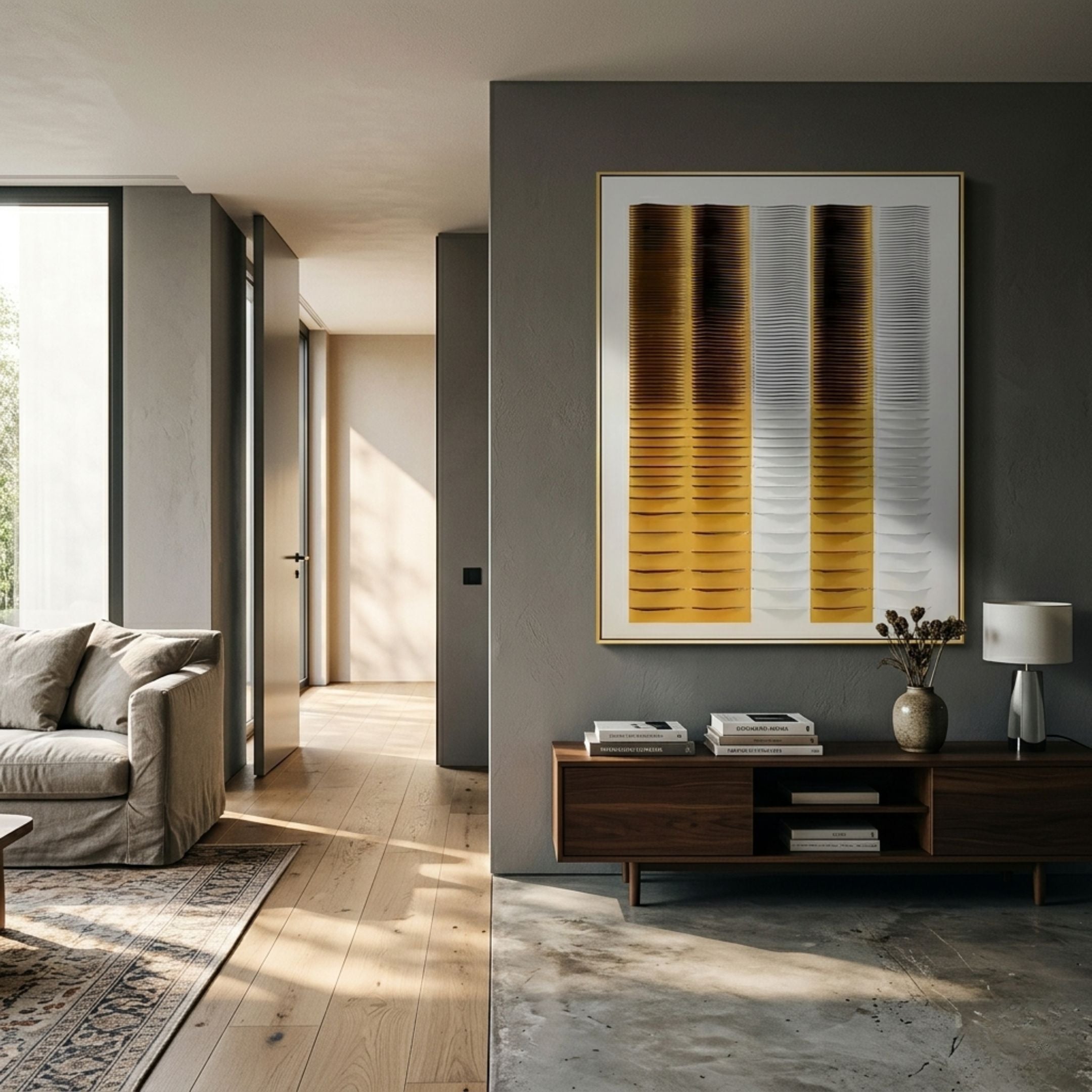 Gradient Burnt Amber Triple Stripe Fold Acrylic 3D Wall Art by Giant Sculptures in a gold frame, mounted on a grey wall above a walnut console in a modern living room.