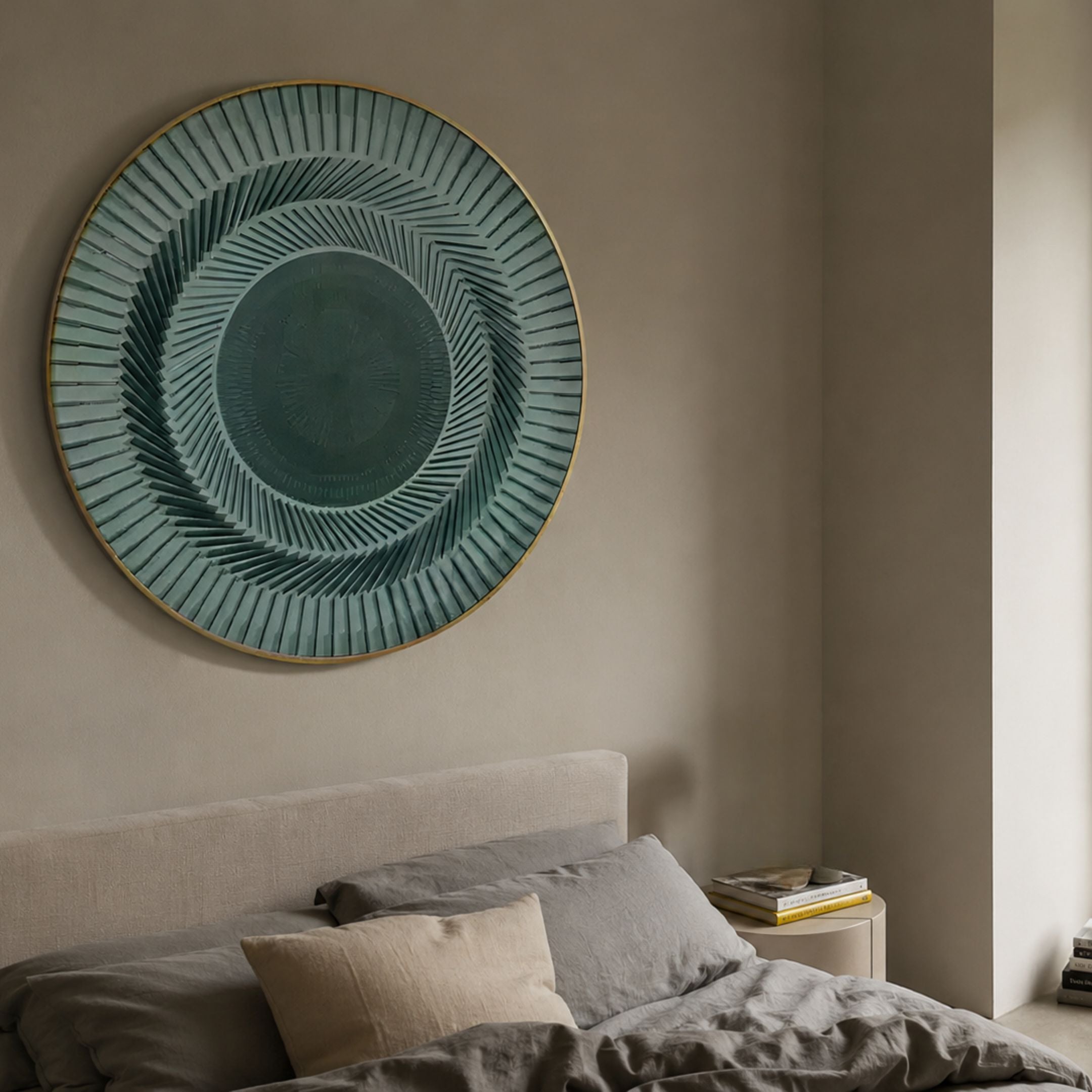 Helix Sage Spiral Illusion Acrylic 3D Wall Art by Giant Sculptures mounted above an upholstered bed with grey linen bedding in a warm neutral bedroom.