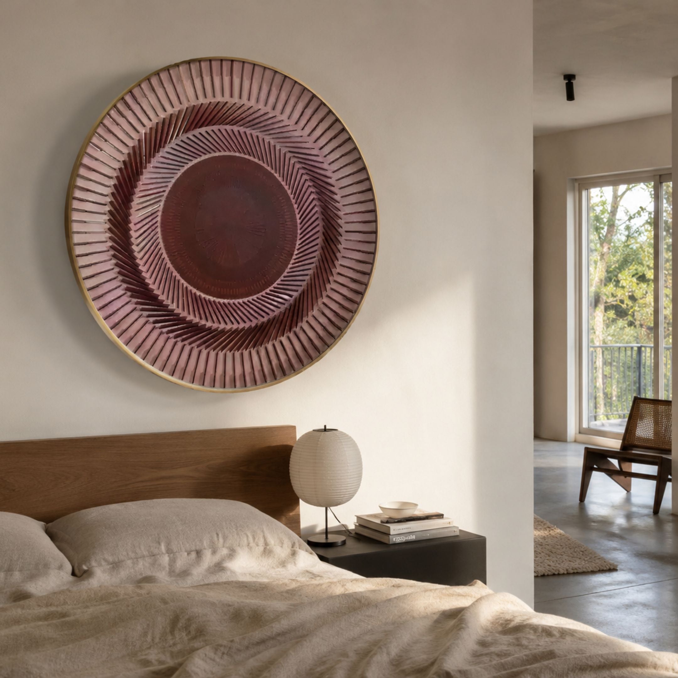 Helix Rosewood Spiral Illusion Acrylic 3D Wall Art by Giant Sculptures mounted above a wooden bed, with paper lantern lamp and balcony view nearby.