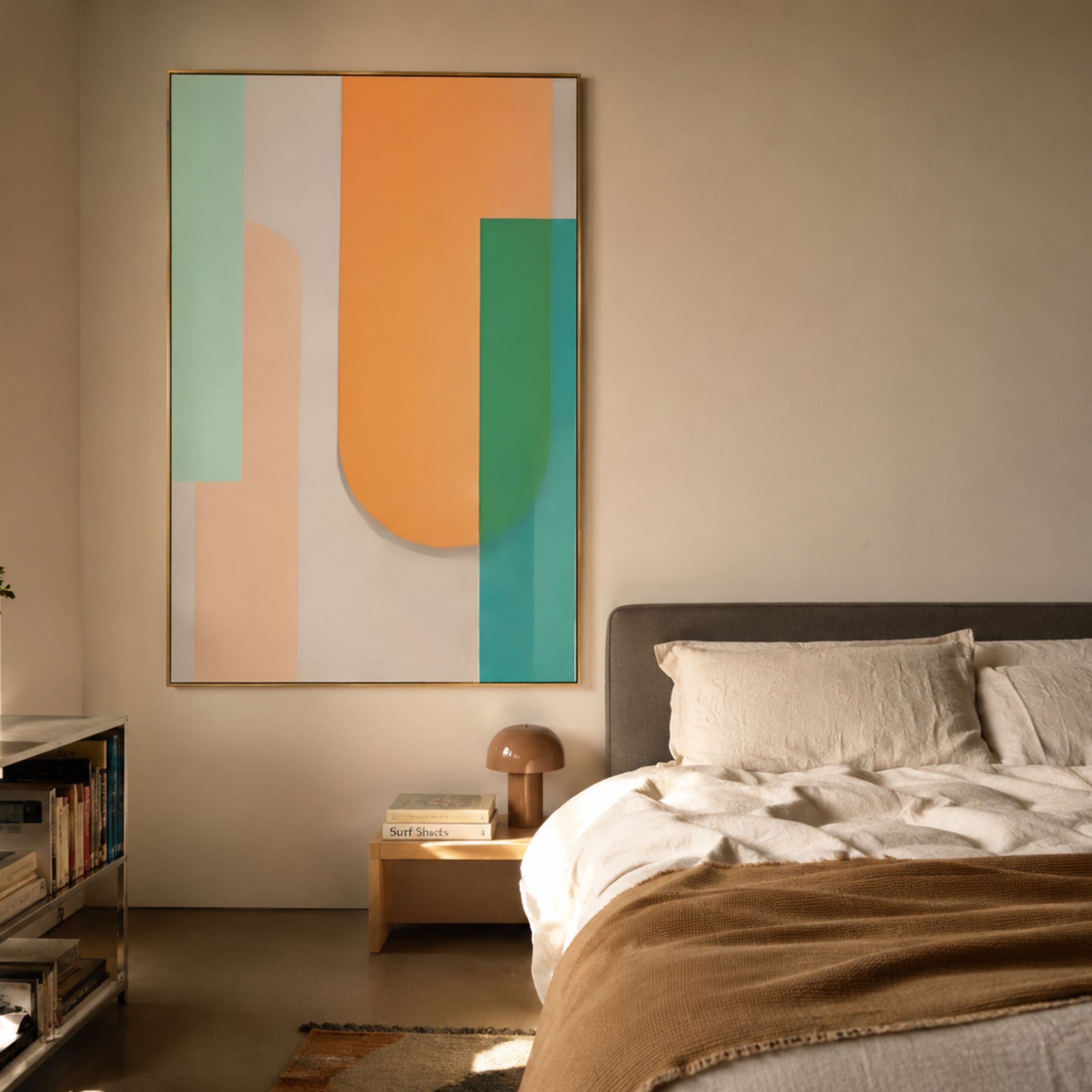 Bounce Orange & Mint Panel Acrylic 3D Wall Art in a gold frame, displayed above a wooden nightstand beside a bed with cream linens in a warm bedroom.