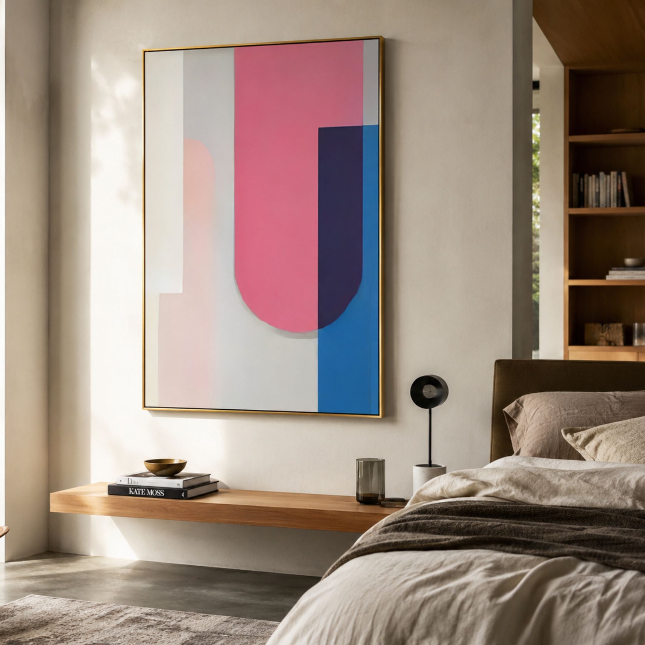 Bounce Pink & Blue Panel Acrylic 3D Wall Art by Giant Sculptures in a gold frame, displayed above a floating wood shelf beside a bed in a sunlit bedroom.