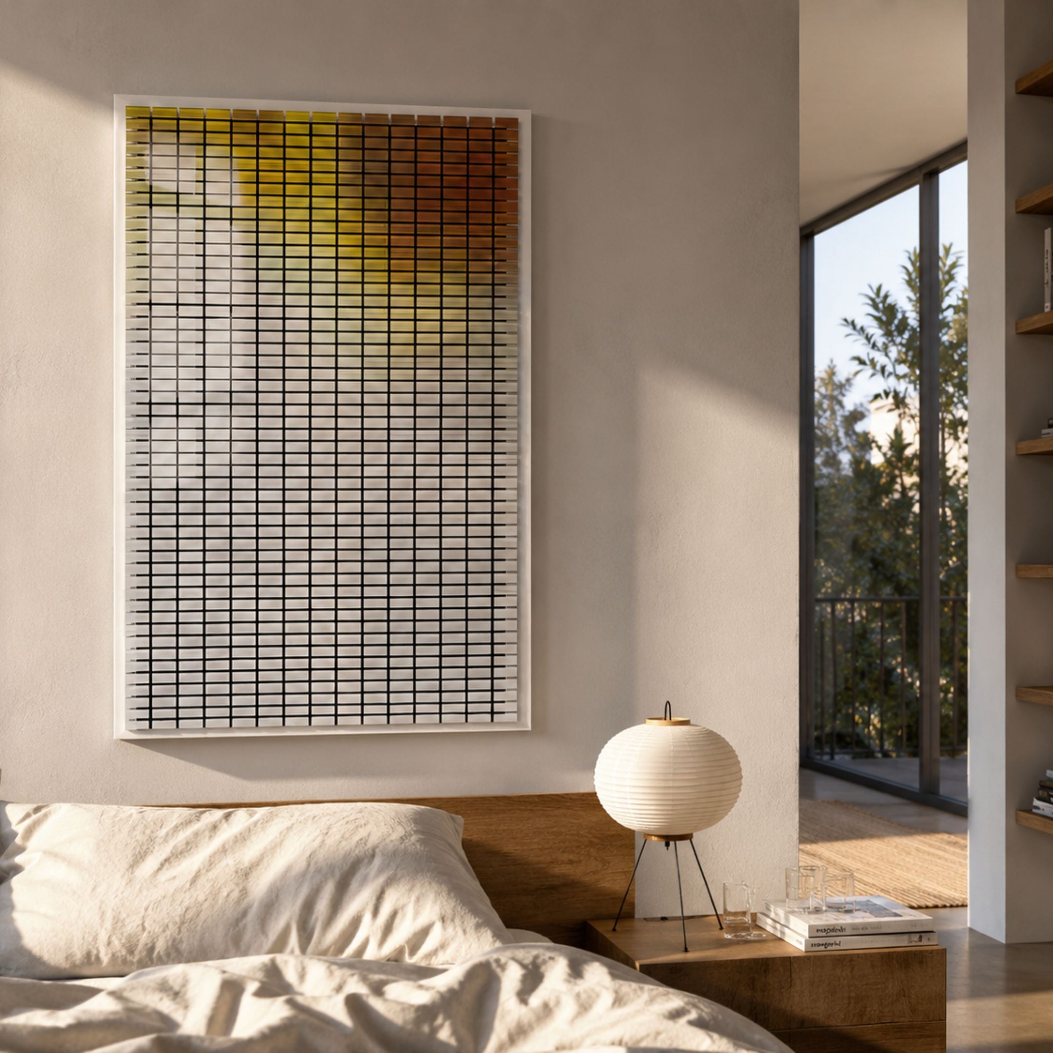 Flux Amber Yellow Gradient Illusion Acrylic 3D Wall Art by Giant Sculptures mounted above a wooden bed with a paper lantern lamp in a sunlit bedroom.