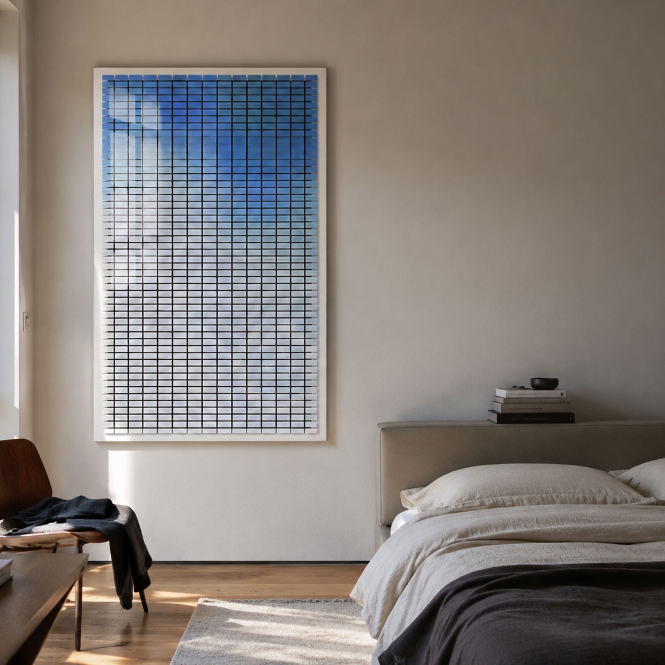 Flux Sapphire Blue Gradient Illusion Acrylic 3D Wall Art by Giant Sculptures displayed in a neutral bedroom above a wooden bench, beside a linen-dressed bed.