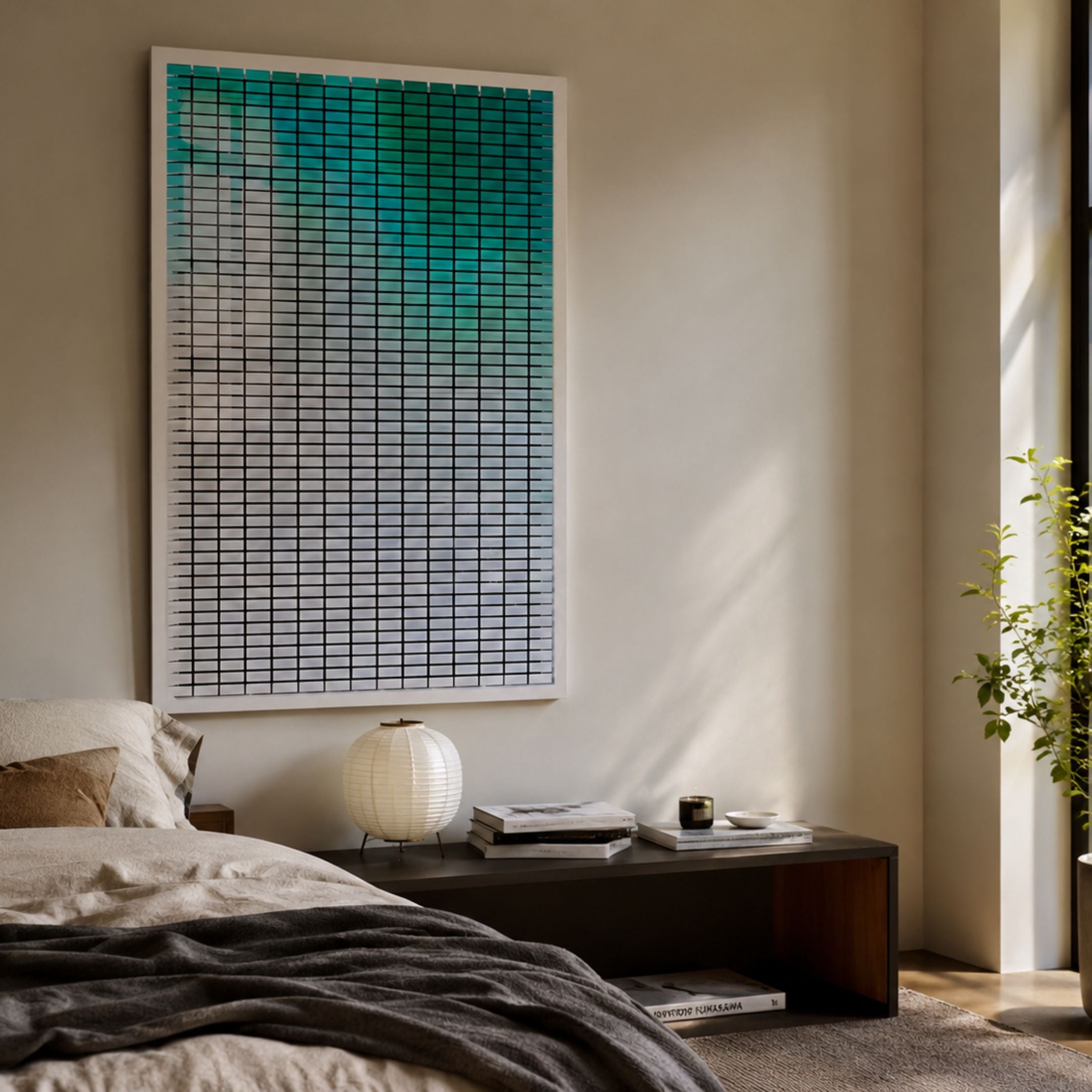 Flux Aqua Teal Gradient Illusion Acrylic 3D Wall Art displayed above a dark wood bedside table with a paper lantern lamp in a sunlit bedroom.