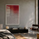Flux Crimson Red Gradient Illusion Acrylic 3D Wall Art by Giant Sculptures displayed above a black media console in a concrete-walled living room with a leather Wassily chair.