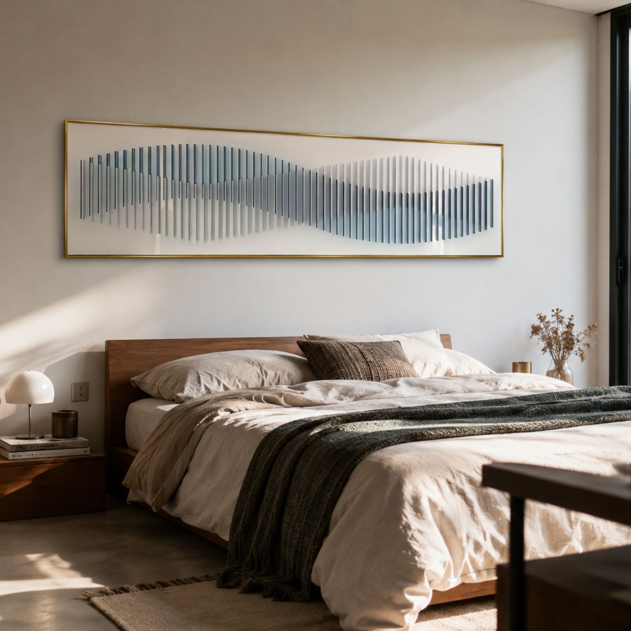 Harmoni Blue Gradient Wave Acrylic 3D Wall Art by Giant Sculptures mounted above a wooden bed in a sunlit modern bedroom with linen bedding and a nightstand lamp.
