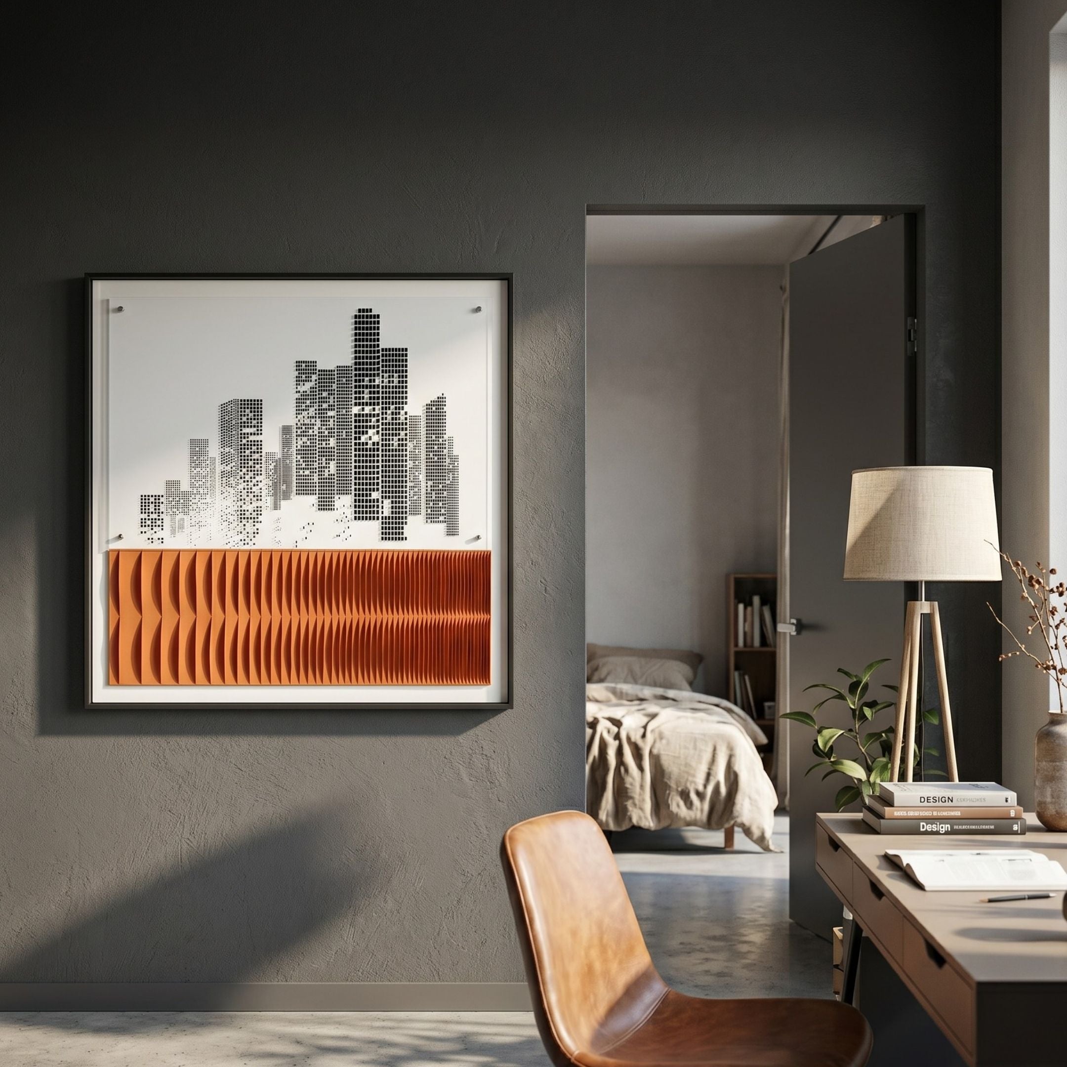 Urban Rise Burnt Orange Skyline Acrylic 3D Wall Art by Giant Sculptures displayed on a dark grey wall above a desk, beside a doorway leading to a bedroom.