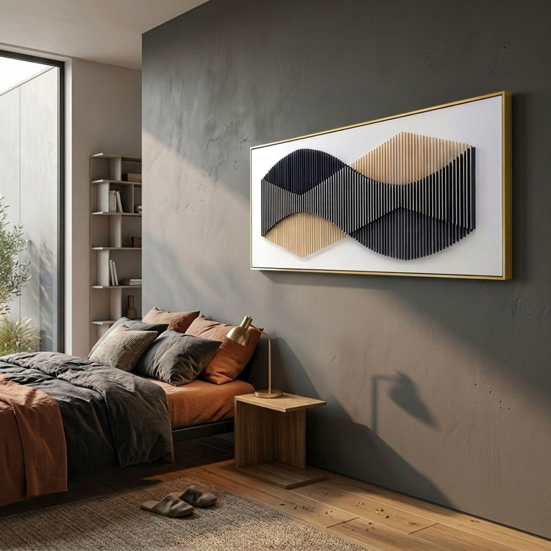 Harmoni Black & Tan Gradient Wave Acrylic 3D Wall Art in a gold frame, displayed above a modern bedroom with rust and grey bedding and a wooden side table.