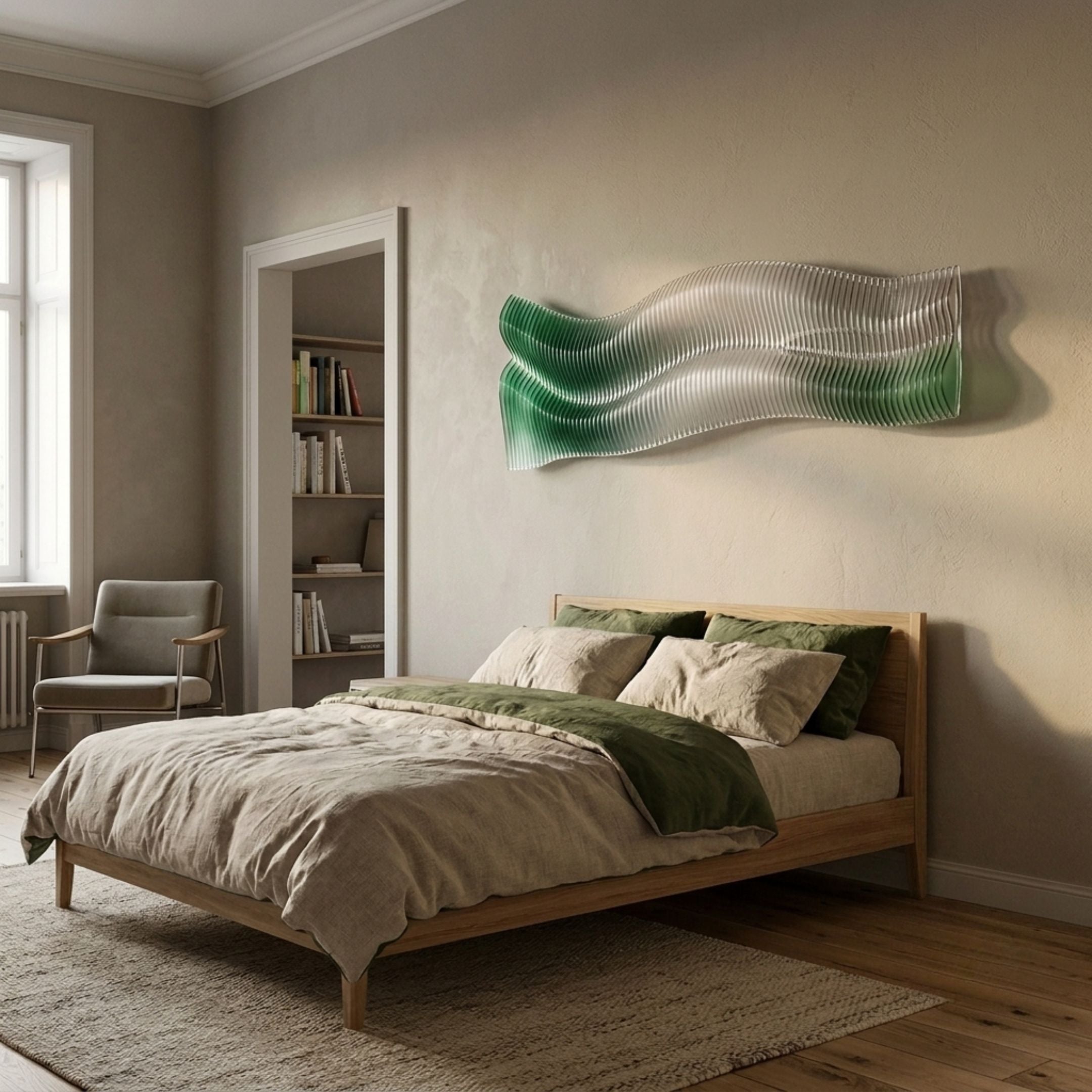 Waveline Forest Green Liquid Contour Acrylic 3D Wall Art mounted above an oak bed with green and beige linens in a neutral bedroom with a reading chair.