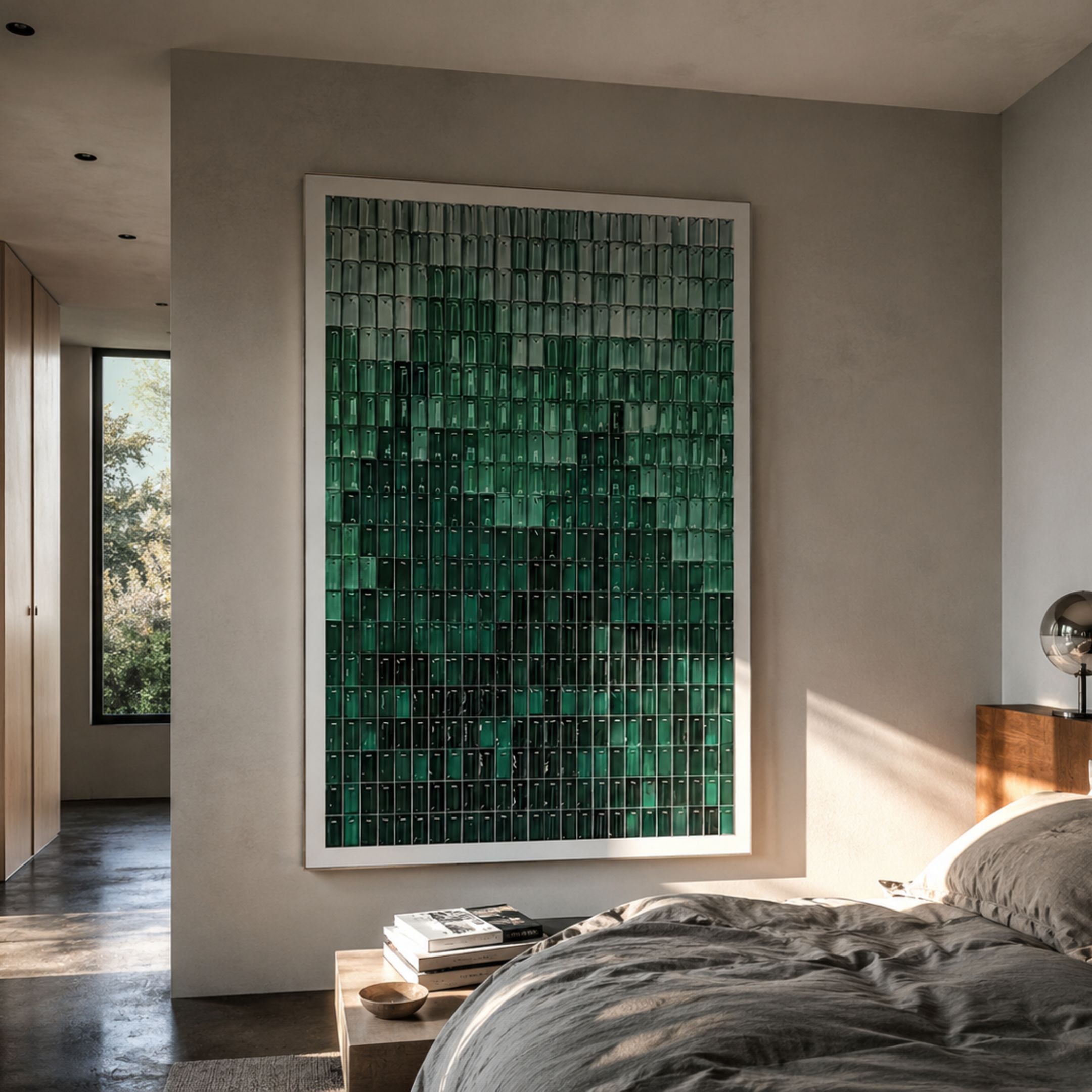 Giant Sculptures Prism Emerald Fade Rectangular Framed Acrylic 3D Wall Art mounted in a modern bedroom beside linen bedding, a wood nightstand, and a window.