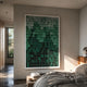 Giant Sculptures Prism Emerald Fade Rectangular Framed Acrylic 3D Wall Art mounted in a modern bedroom beside linen bedding, a wood nightstand, and a window.