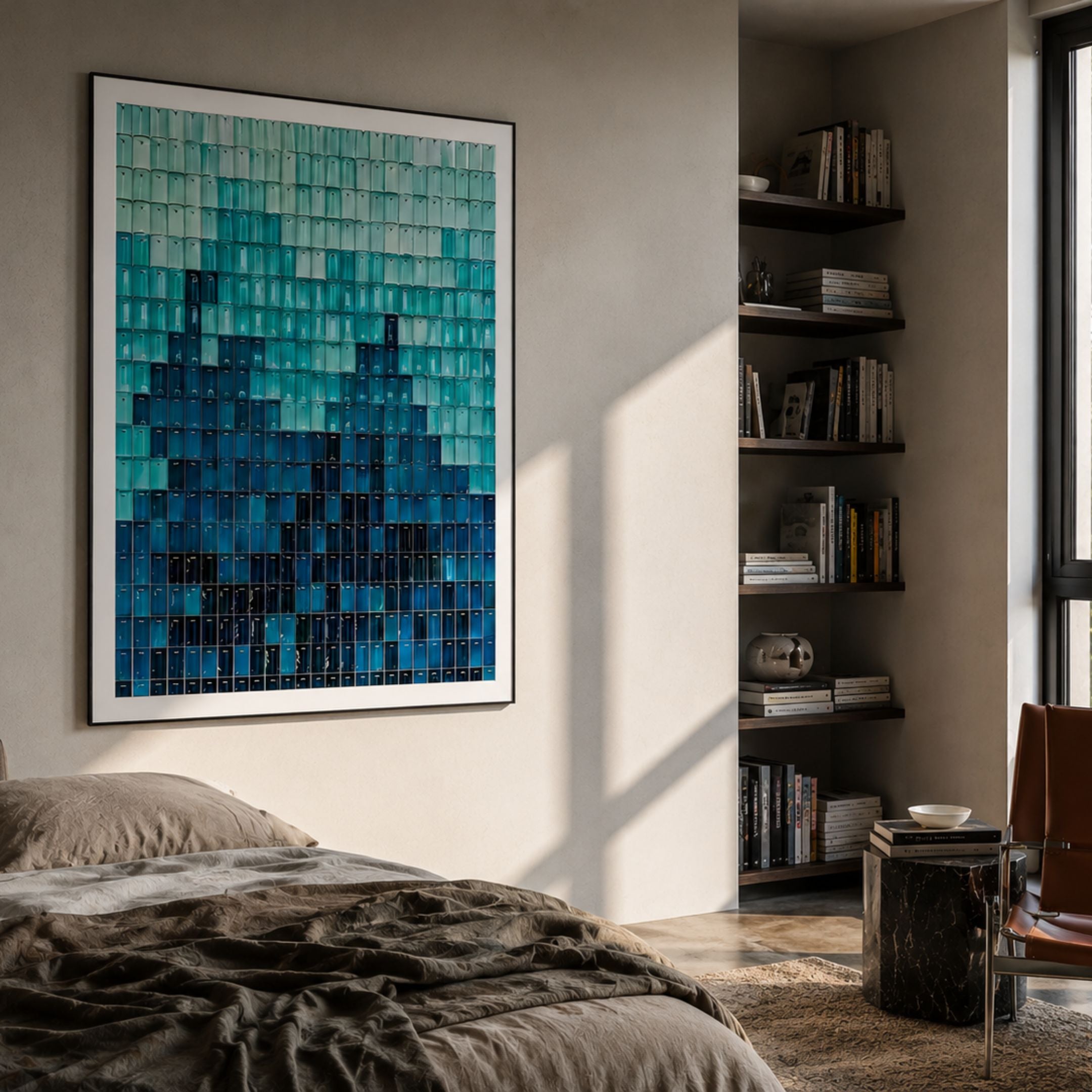 Prism Azure Fade Rectangular Acrylic 3D Wall Art by Giant Sculptures displayed above a bed, with a mint-to-navy curved tile gradient beside dark bookshelves.