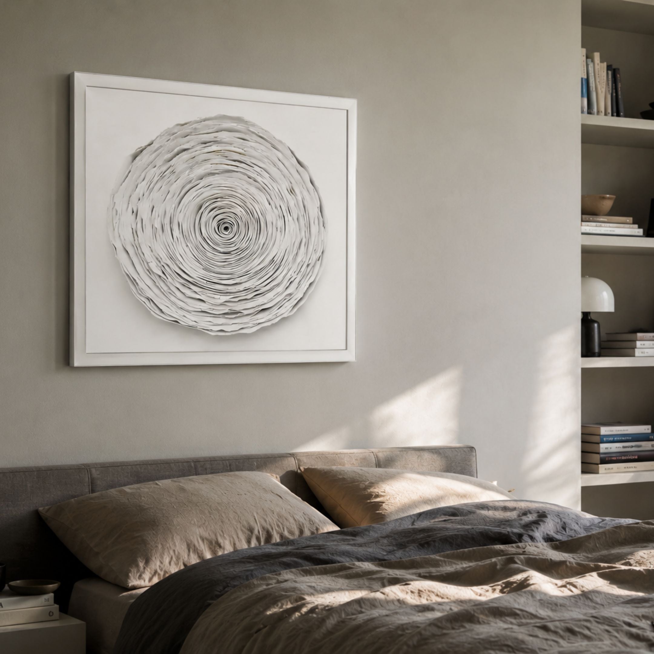 Terraform Spiral Scroll Paper 3D Wall Art by Giant Sculptures displayed above a bed with linen pillows, beside a built-in bookshelf in a sunlit bedroom.