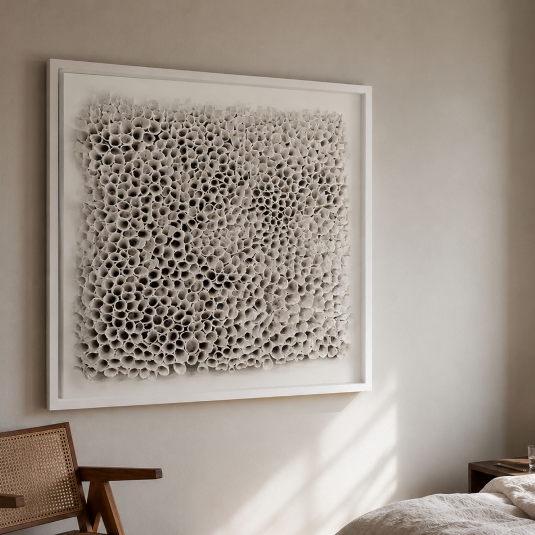 Terraform Cluster Bloom Paper 3D Wall Art by Giant Sculptures, framed off-white paper tube cluster displayed above a cane chair in a neutral bedroom.
