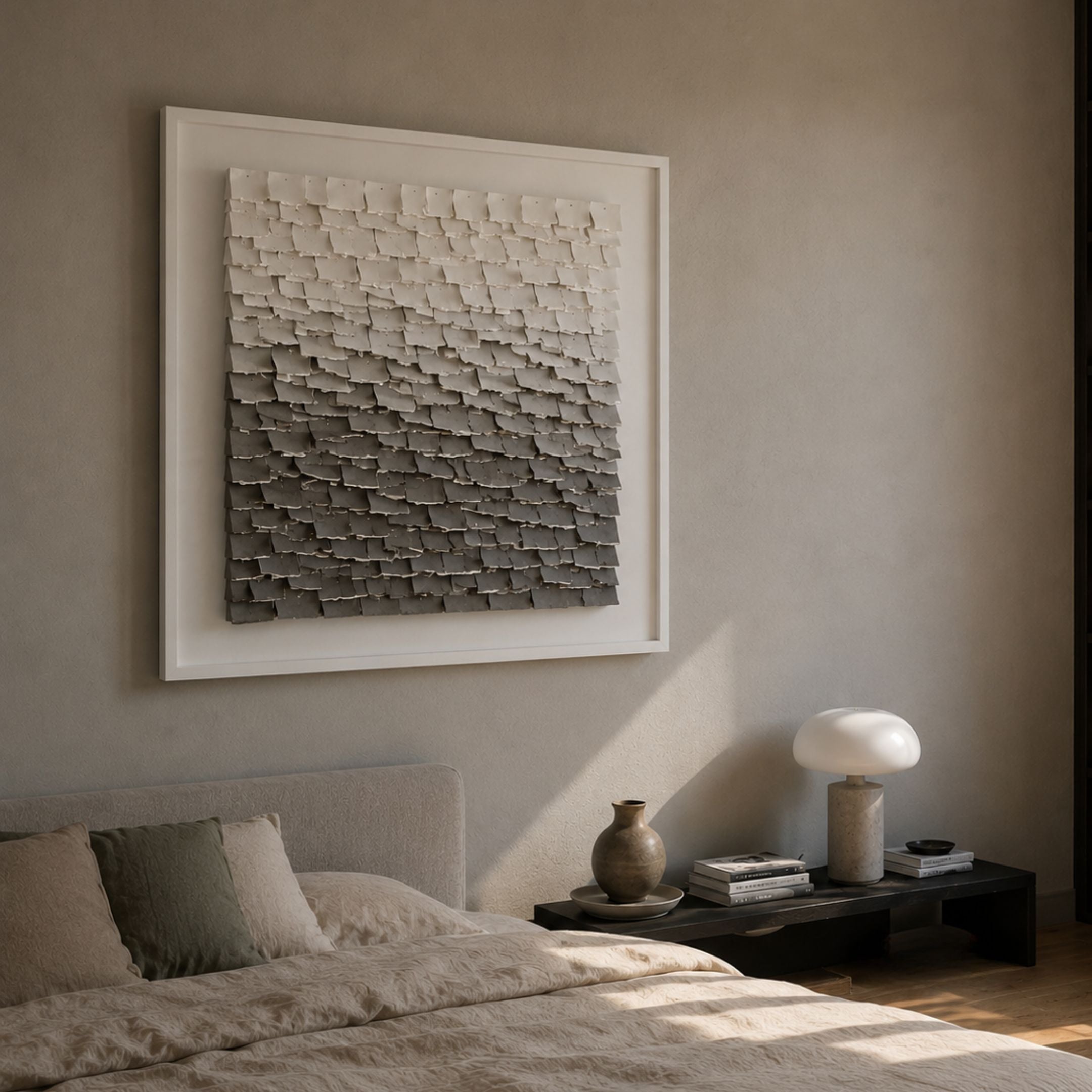 Terraform Ash & Ivory Gradient Leather 3D Wall Art by Giant Sculptures displayed in a neutral bedroom above a black side table with a mushroom lamp.