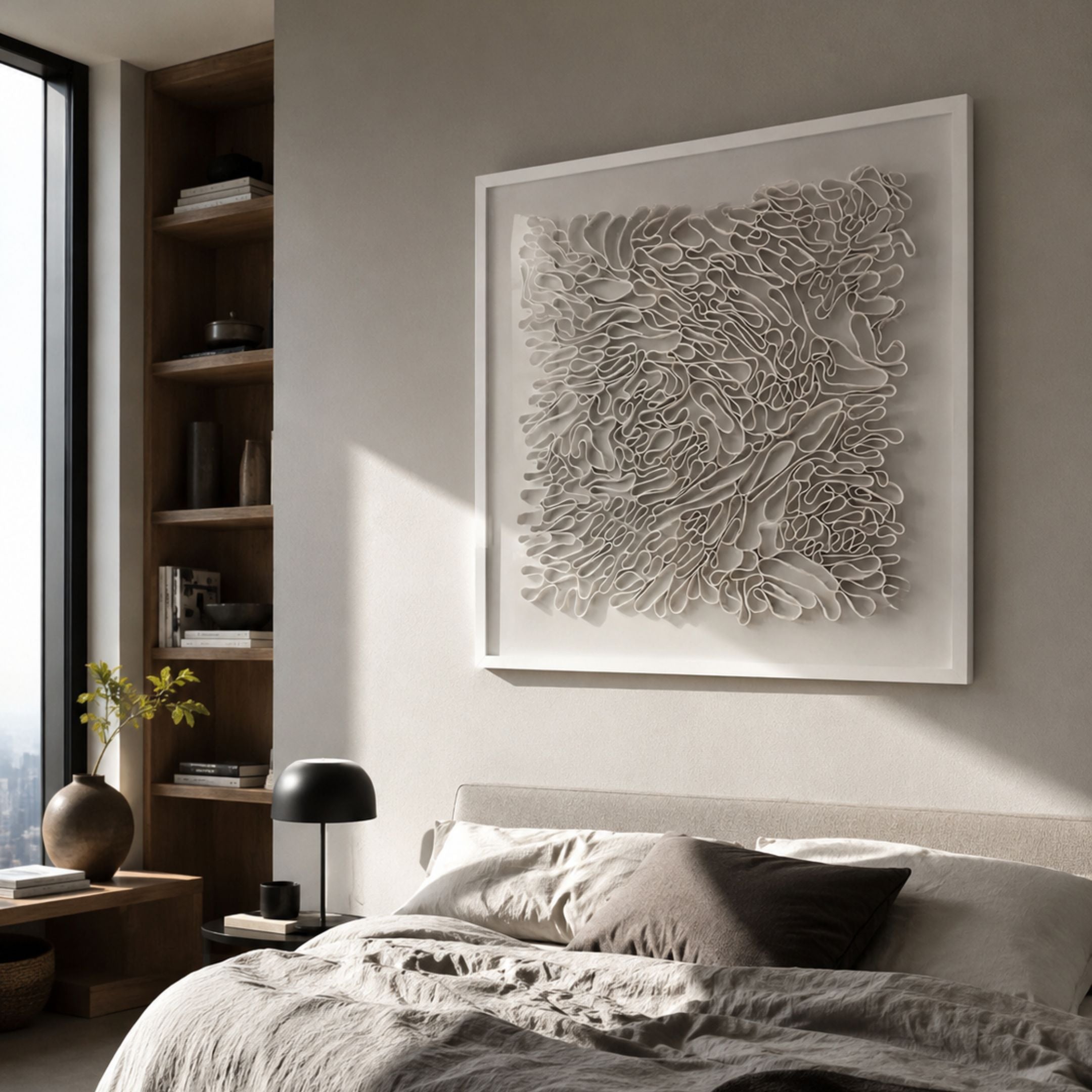 Terraform Flow Pattern Paper 3D Wall Art by Giant Sculptures displayed above an upholstered bed in a modern bedroom with wood shelving and a black lamp.