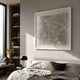 Terraform Flow Pattern Paper 3D Wall Art by Giant Sculptures displayed above an upholstered bed in a modern bedroom with wood shelving and a black lamp.