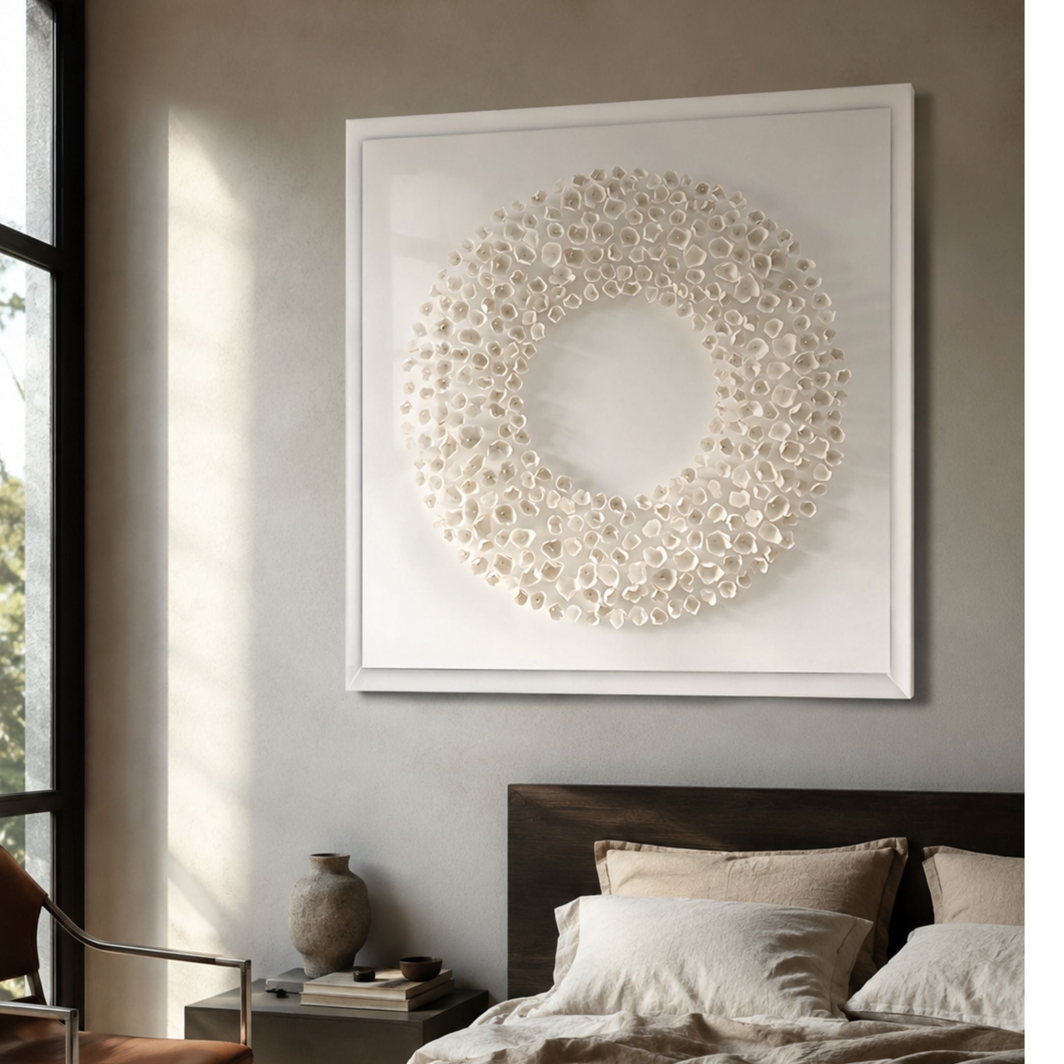 Terraform Flower Form Paper 3D Wall Art by Giant Sculptures, a white paper blossom wreath in an acrylic box frame, displayed above a bedroom nightstand.