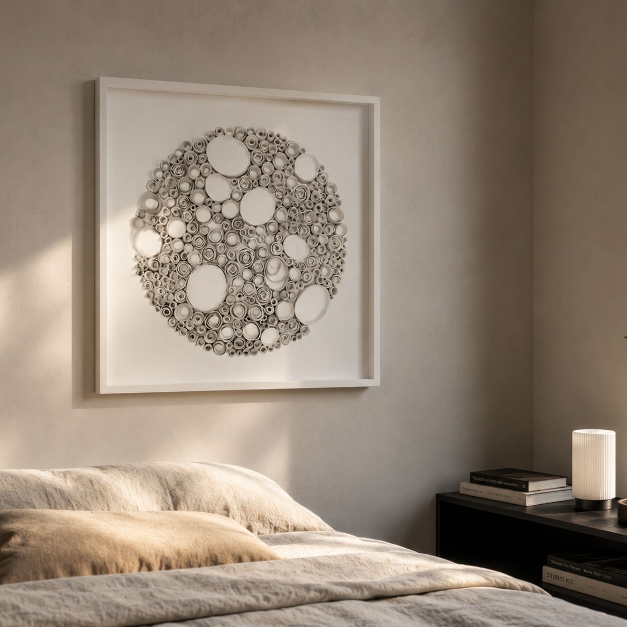 Terraform Moon Bubble Texture Paper 3D Wall Art by Giant Sculptures displayed in a sunlit bedroom above a linen-dressed bed beside a dark nightstand.