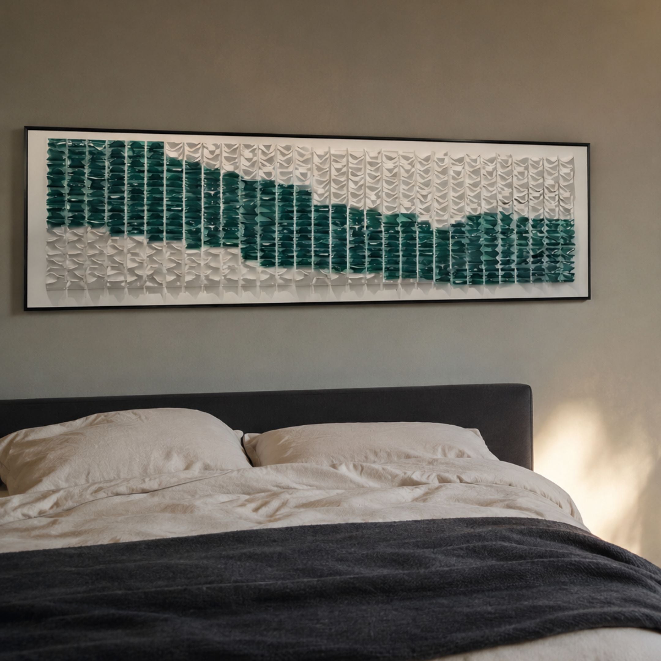 Waveform Teal Stream Acrylic 3D Wall Art by Giant Sculptures mounted above an upholstered grey bed with cream linen and a charcoal throw in a bedroom.