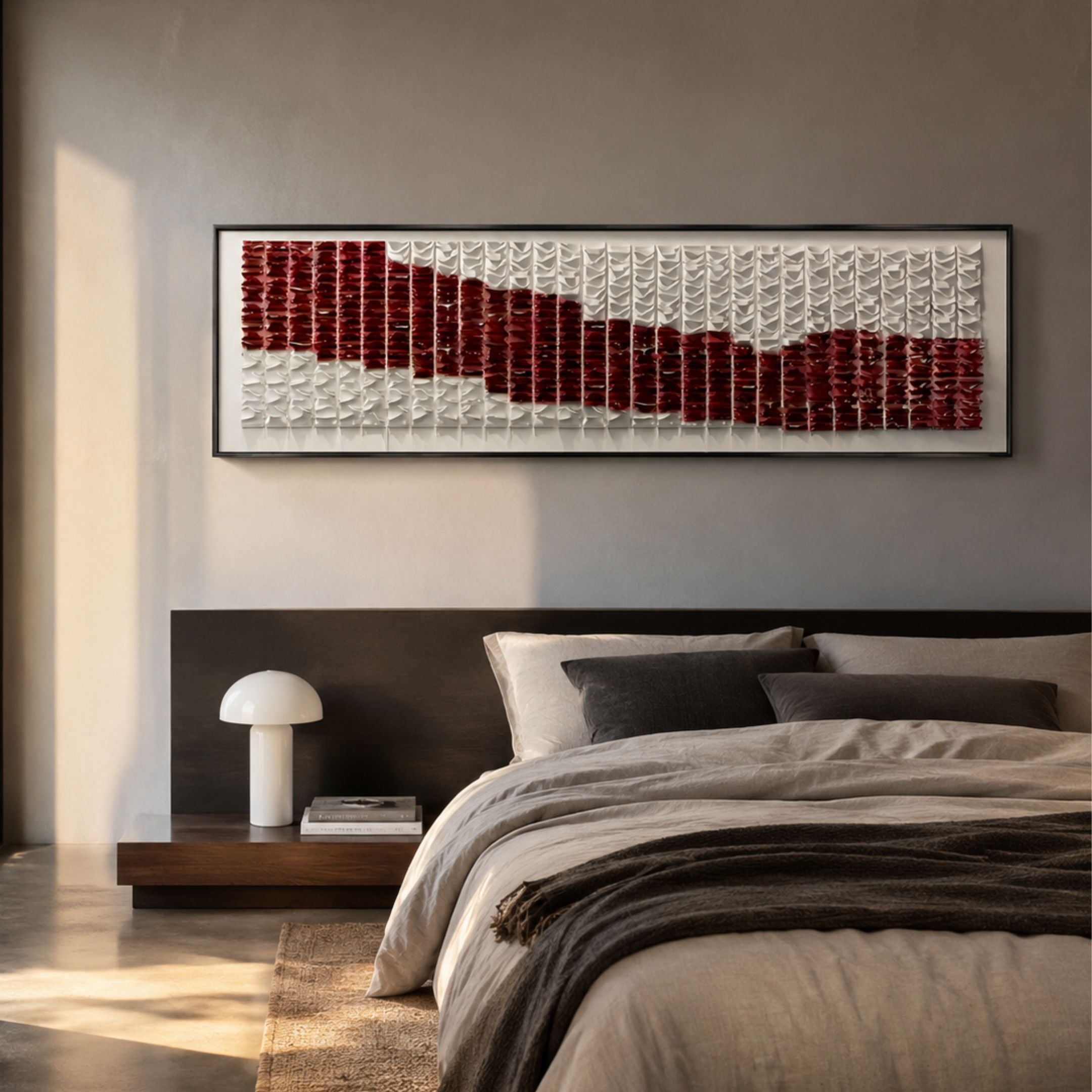 Waveform Burgundy Flow Acrylic 3D Wall Art mounted horizontally above a dark wood bed with grey linens and a white mushroom lamp in a modern bedroom.