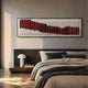 Waveform Burgundy Flow Acrylic 3D Wall Art mounted horizontally above a dark wood bed with grey linens and a white mushroom lamp in a modern bedroom.