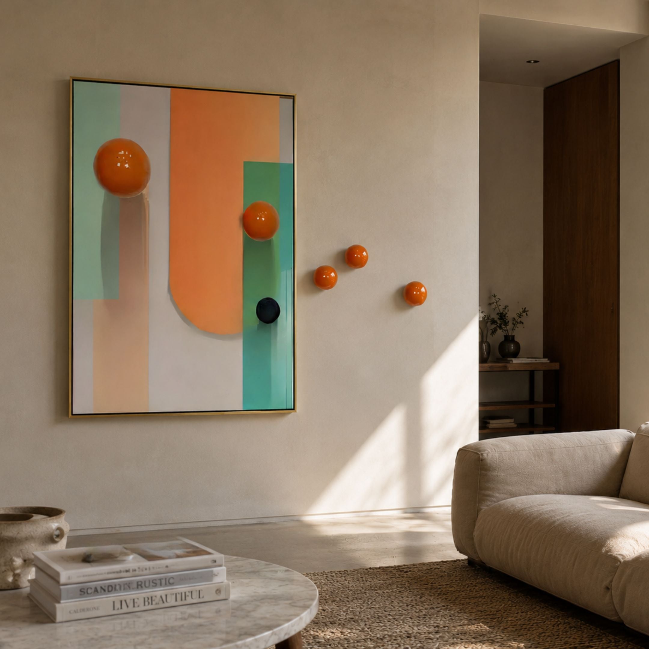 Bounce Orange & Mint Panel acrylic 3D wall art by Giant Sculptures displayed in a neutral living room with glossy orange spheres extending onto the wall beside a cream sofa.