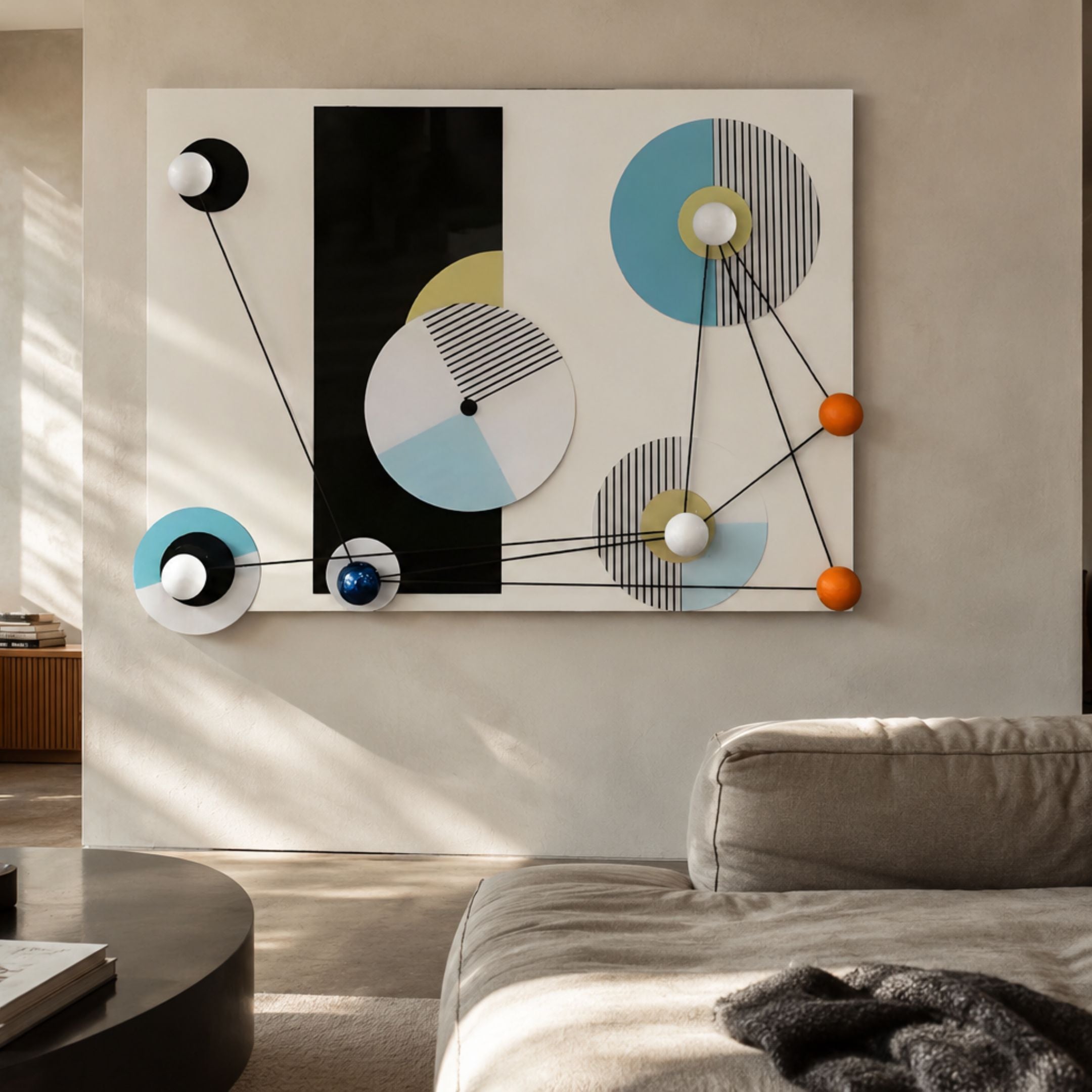 Orbit Multicolor Geometric Acrylic 3D Wall Art by Giant Sculptures with blue, yellow, white, and orange discs and spheres above a beige sofa.
