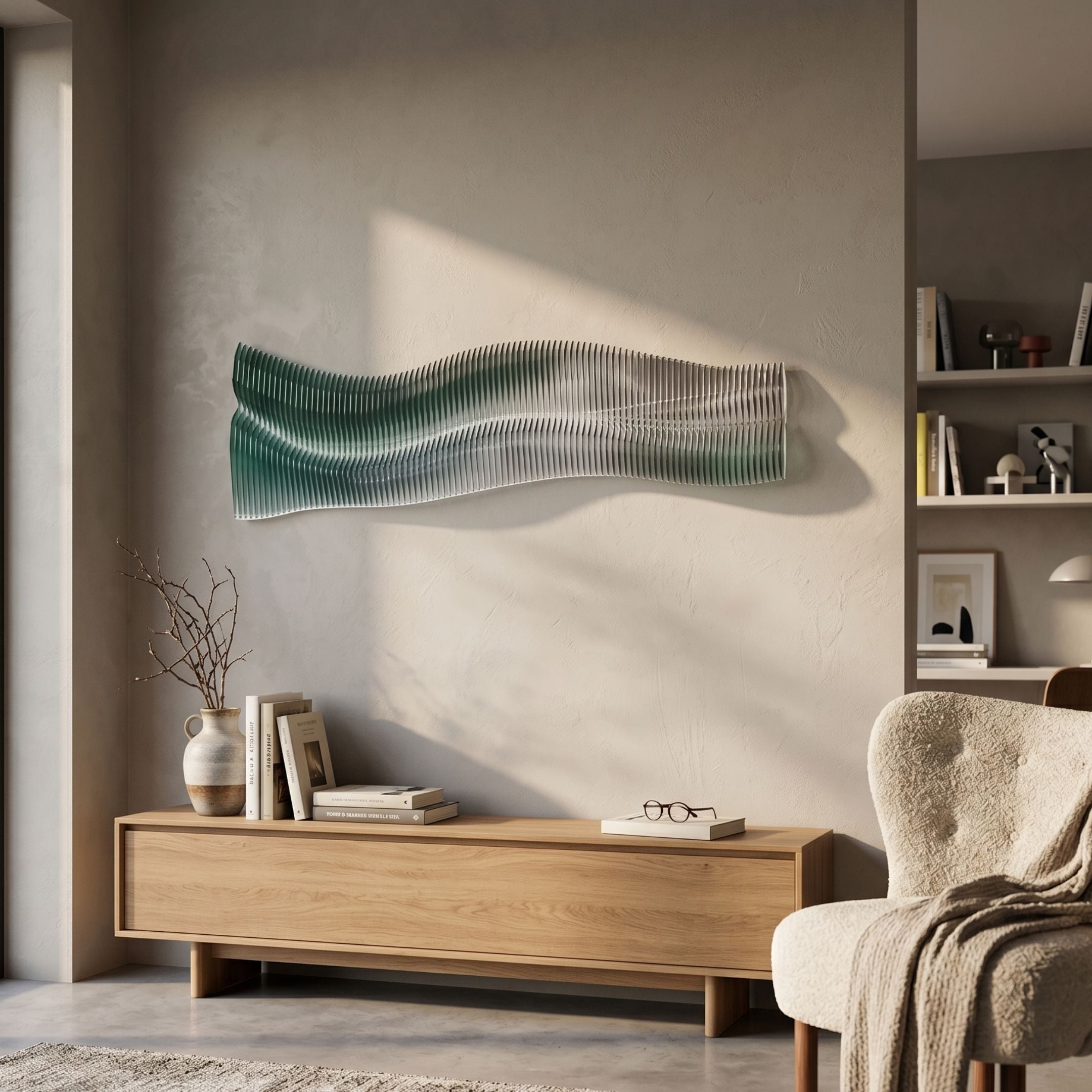 Waveline Ocean Teal Form Acrylic 3D Wall Art by Giant Sculptures mounted above an oak console with a vase and books in a neutral living room.