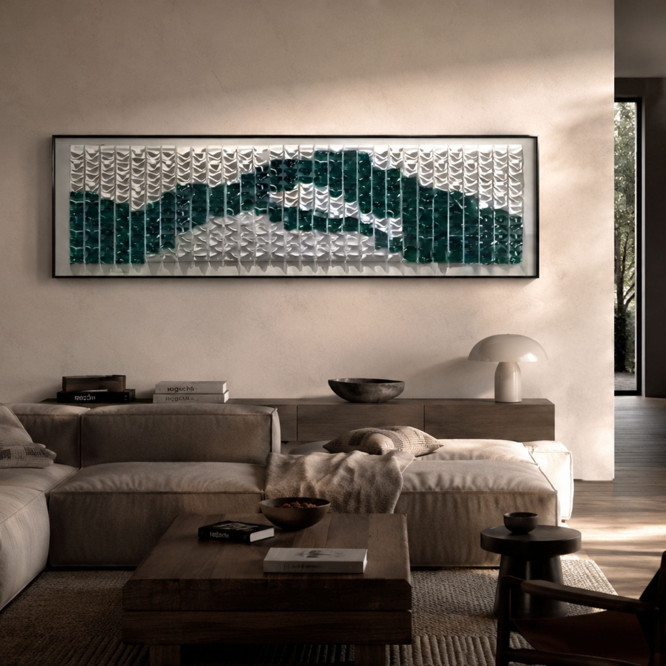 Waveform Teal Crest Acrylic 3D Wall Art by Giant Sculptures, pleated white and deep teal panels in a black frame, mounted above a sideboard in a modern living room.