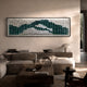Waveform Teal Crest Acrylic 3D Wall Art by Giant Sculptures, pleated white and deep teal panels in a black frame, mounted above a sideboard in a modern living room.