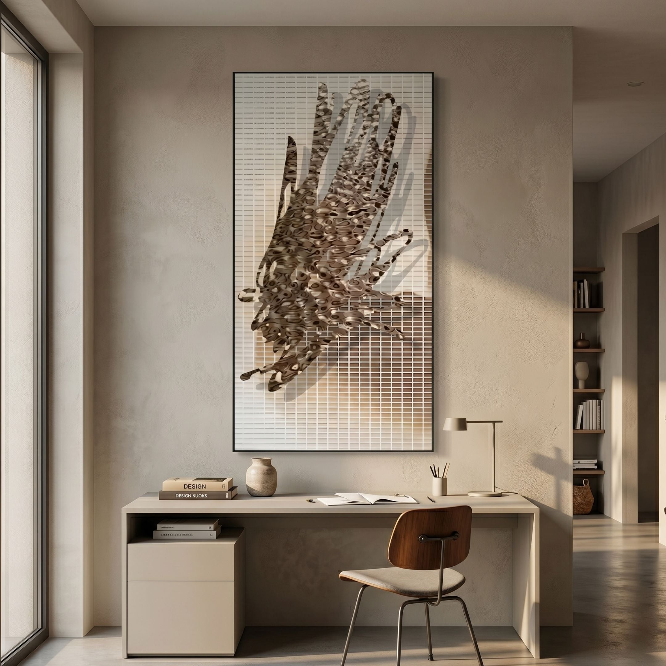 Rise Textured Bronze Feather Burst Metal 3D Wall Art mounted above a cream desk with chair, books, and lamp in a sunlit modern home office.