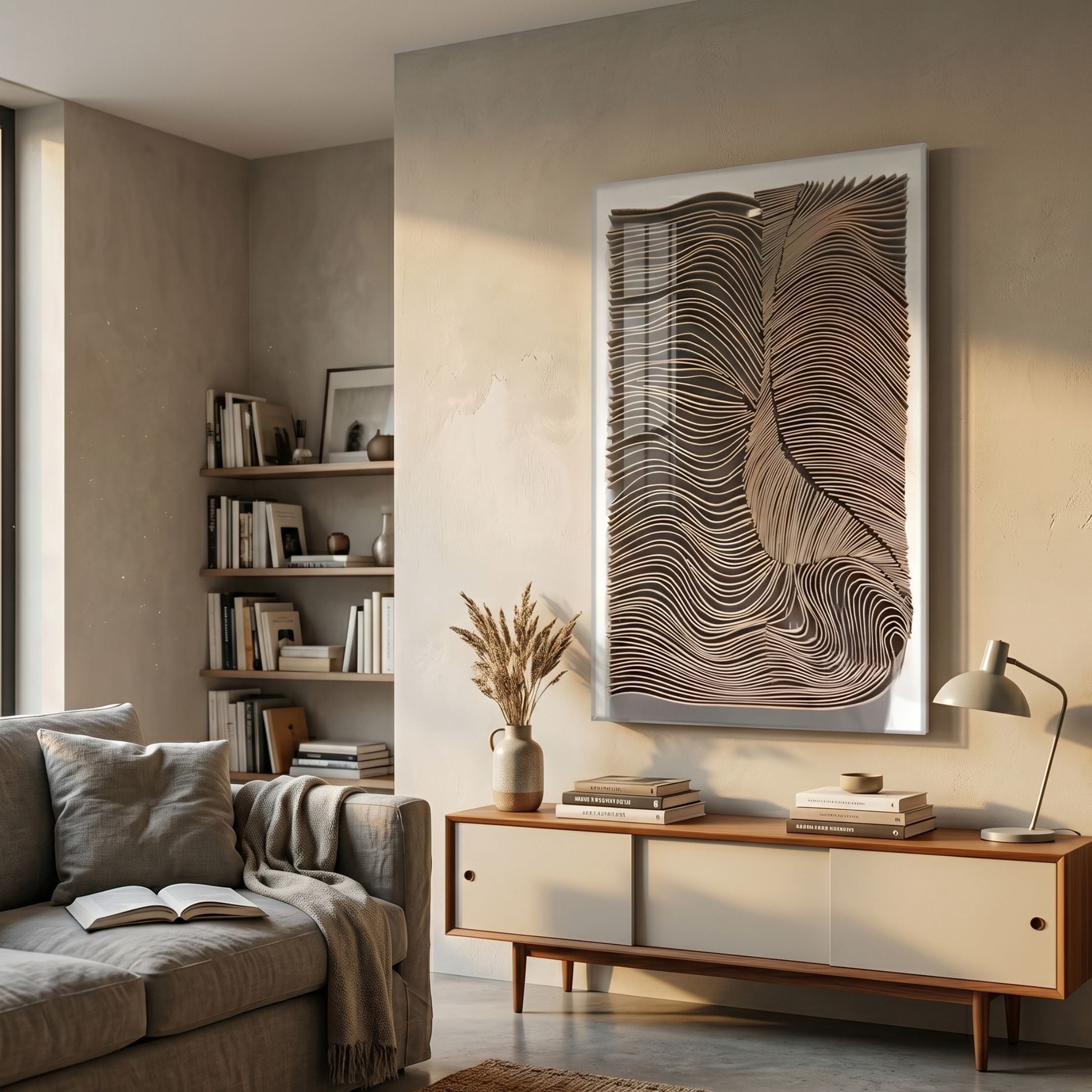 Contour Earth Brown Carved Canyon Folds Felt 3D Wall Art by Giant Sculptures displayed above a wooden sideboard in a warm neutral living room with bookshelves.