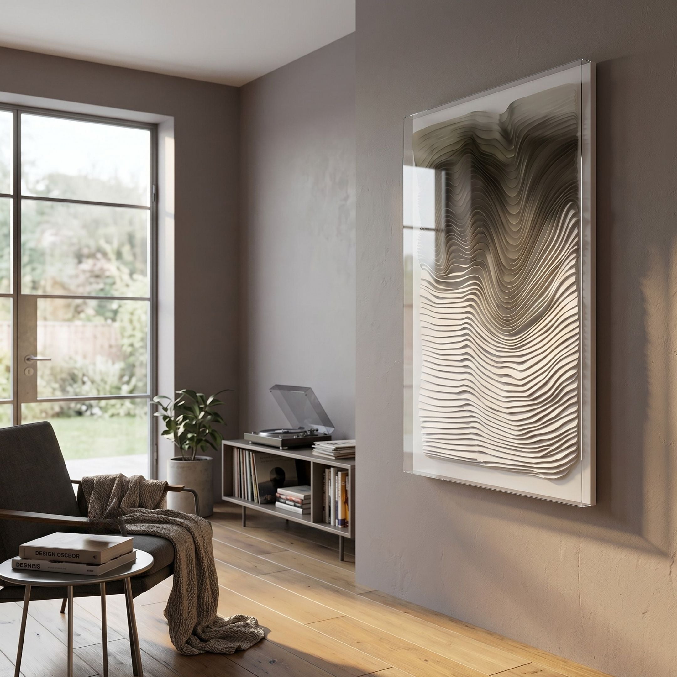 Contour Olive Fade Vertical Ripple Pattern Felt 3D Wall Art in acrylic frame, mounted in a modern living room with armchair, record player, and window.