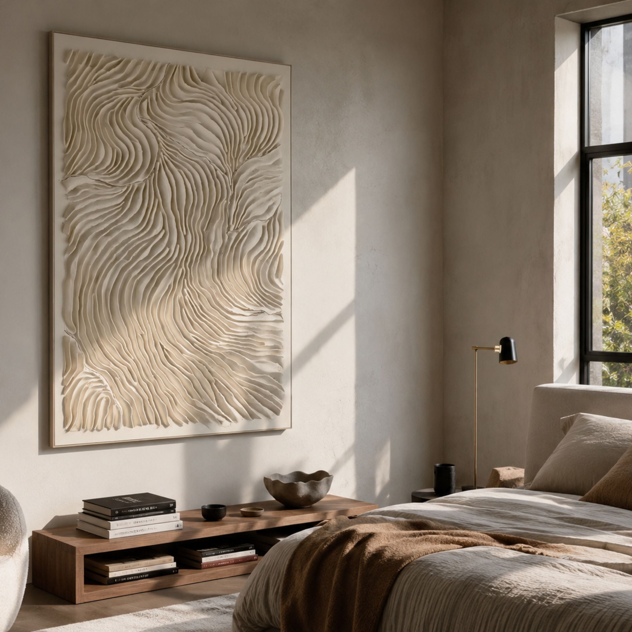 Petalwave Beige Textured Bloom Leather 3D Wall Art by Giant Sculptures displayed above a wooden bench in a sunlit bedroom with neutral bedding and a window.