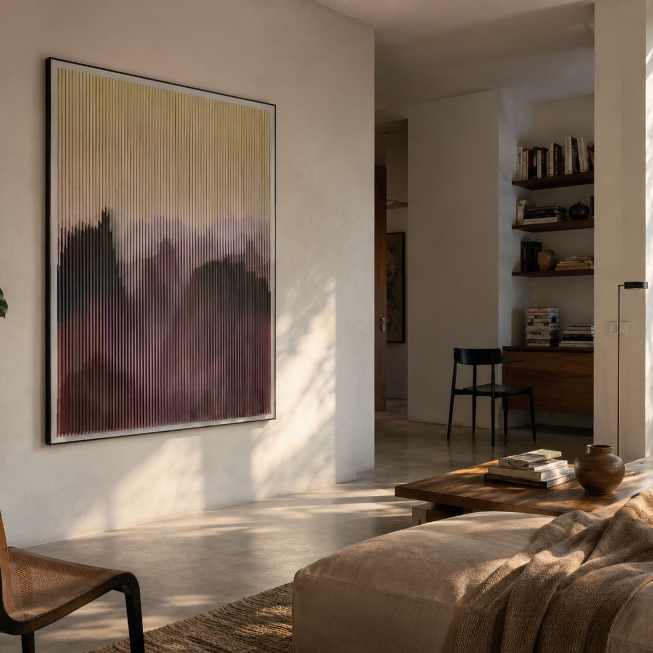 Mistline Amber Dusk Mountain Scene Acrylic 3D Wall Art by Giant Sculptures mounted in a sunlit modern living room with wood coffee table and bookshelves.