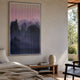 Mistline Violet Haze Mountain Scene Acrylic 3D Wall Art by Giant Sculptures, displayed above a wooden bench in a sunlit bedroom with garden view.