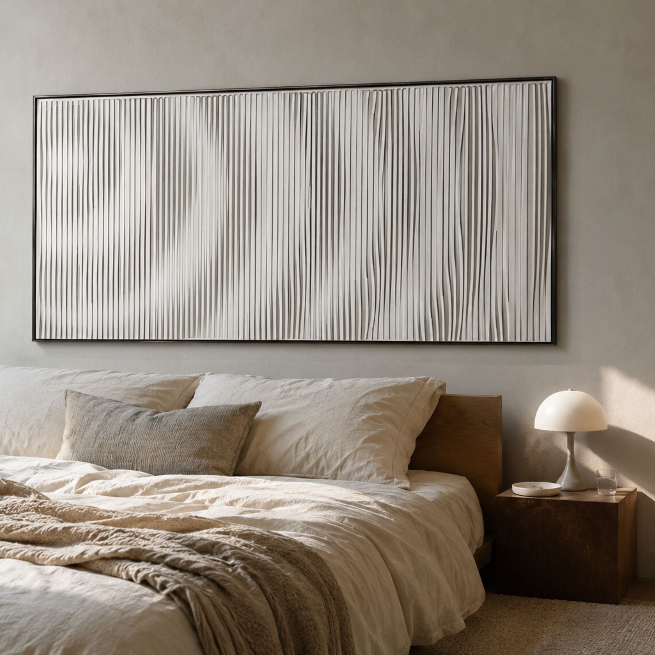 Luna II Spiral Illusion Flow Acrylic 3D Wall Art by Giant Sculptures, white vertical ridges in a slim dark frame, mounted above a linen-dressed bed with bedside lamp.