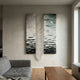 Tidefall Misty Teal Waters Frameless Acrylic & Crystal Beads 3D Wall Art by Giant Sculptures displayed above a grey sofa in a modern living room.