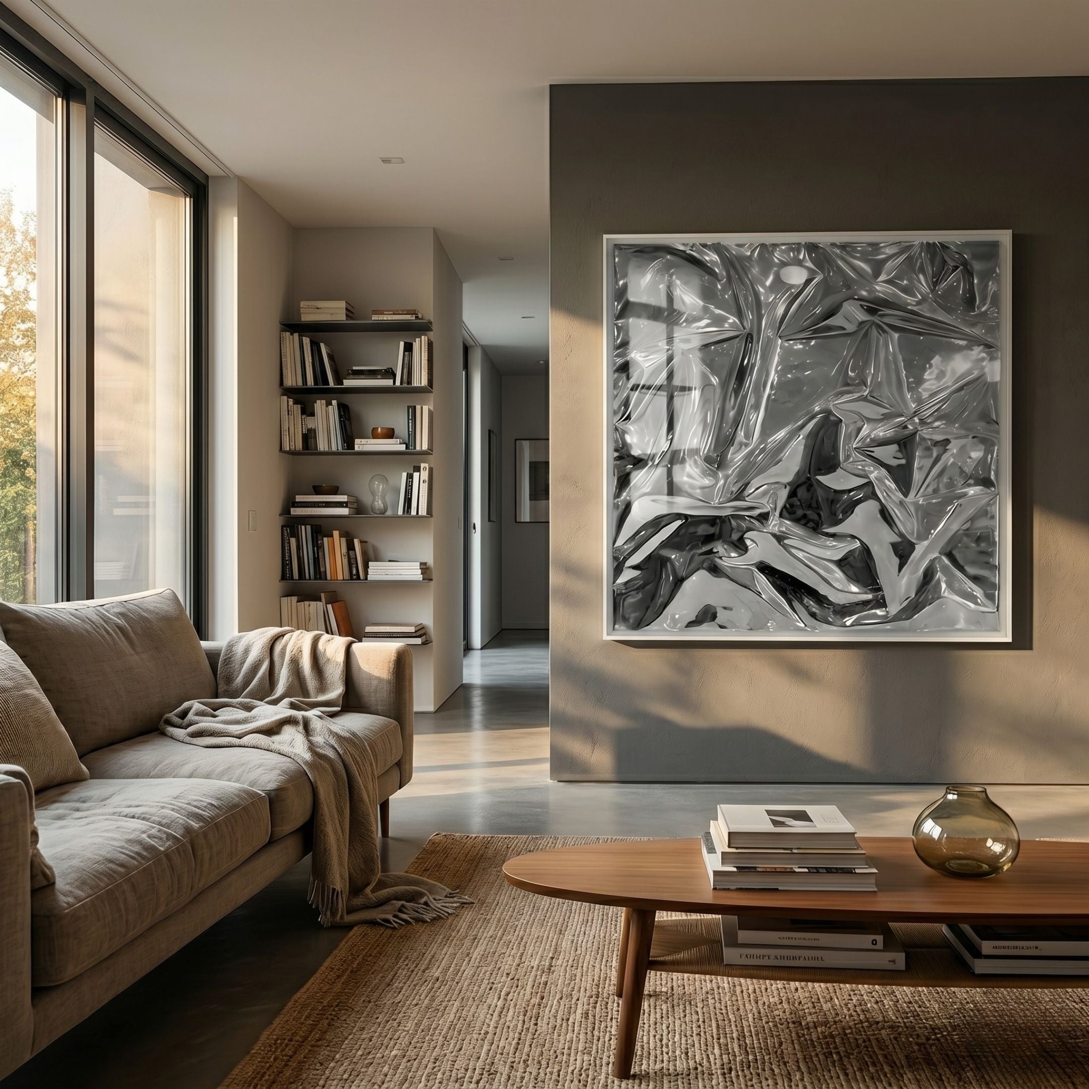 Moden Silver Metallic Flow Leather 3D Wall Art by Giant Sculptures displayed on a grey wall in a modern living room with a linen sofa, bookshelf, and wood coffee table.